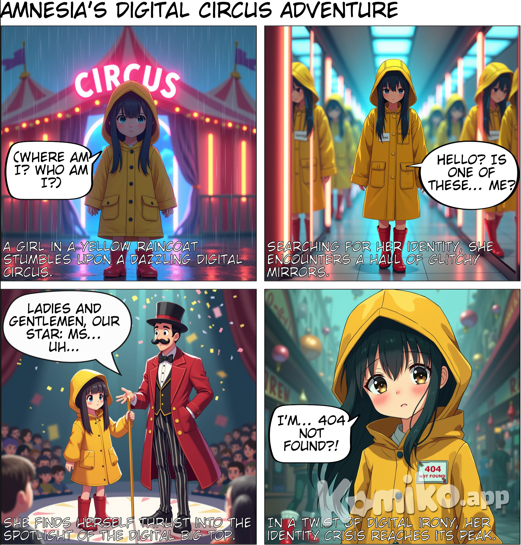 Thr amazing digital circus. A girl in a raincoat with hood on and bangs covering her eyes enters a colorful digital circus but she can't remember her name. She appears on stage surrounded by bright colors