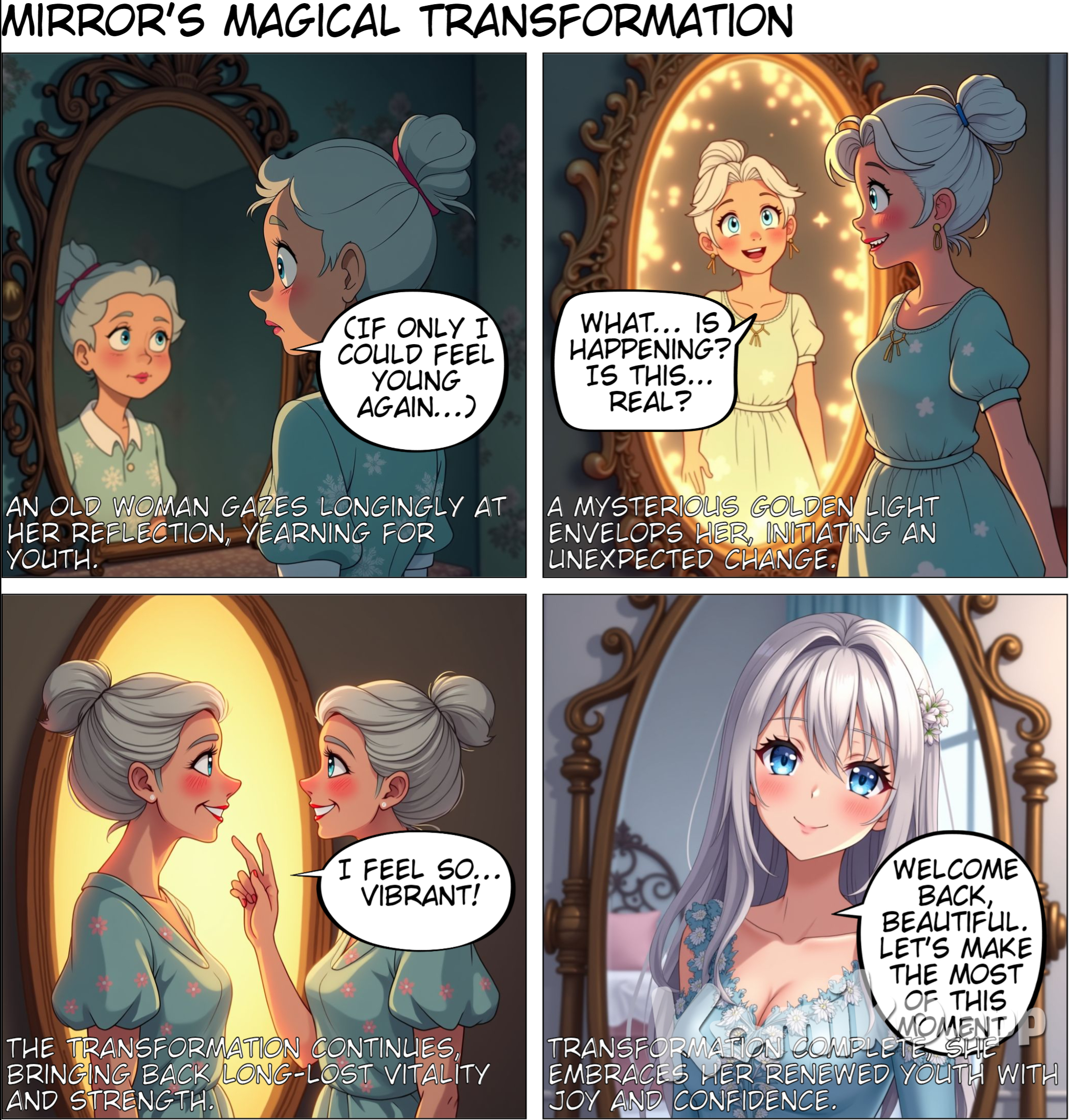 1. **Panel 1:**    - **Description**: The old woman stares into the mirror with a wistful expression.    - **Text (Thoughts)**: "Ah… it’s been so long since I’ve seen beauty in this face."    - **Text (Dialogue, muttering to herself)**: "If only I could feel young again… even just for a moment."  2. **Panel 2:**    - **Description**: A warm, magical glow starts to surround her as she notices something changing.    - **Text (Thoughts)**: "What… is happening? Is this… real?"    - **Text (Dialogue, whispered)**: "It feels like a dream… but I feel… alive!"  3. **Panel 3:**    - **Description**: She’s now visibly younger, a radiant smile forming on her lips as her transformation continues.    - **Text (Thoughts)**: "I’d almost forgotten… the feeling of strength, of vitality!"    - **Text (Dialogue)**: "Is this truly me? I feel so… vibrant!"  4. **Panel 4:**    - **Description**: The transformation is complete; she’s now a young, stunning version of herself, looking confidently into the mirror with joy.    - **Text (Thoughts)**: "So this is what it’s like… to be reborn."    - **Text (Dialogue, smiling)**: "Welcome back, beautiful. Let’s make the most of this moment."  ---  The dialogue and inner thoughts add depth, showcasing her surprise, joy, and newfound confidence with each stage of the transformation.