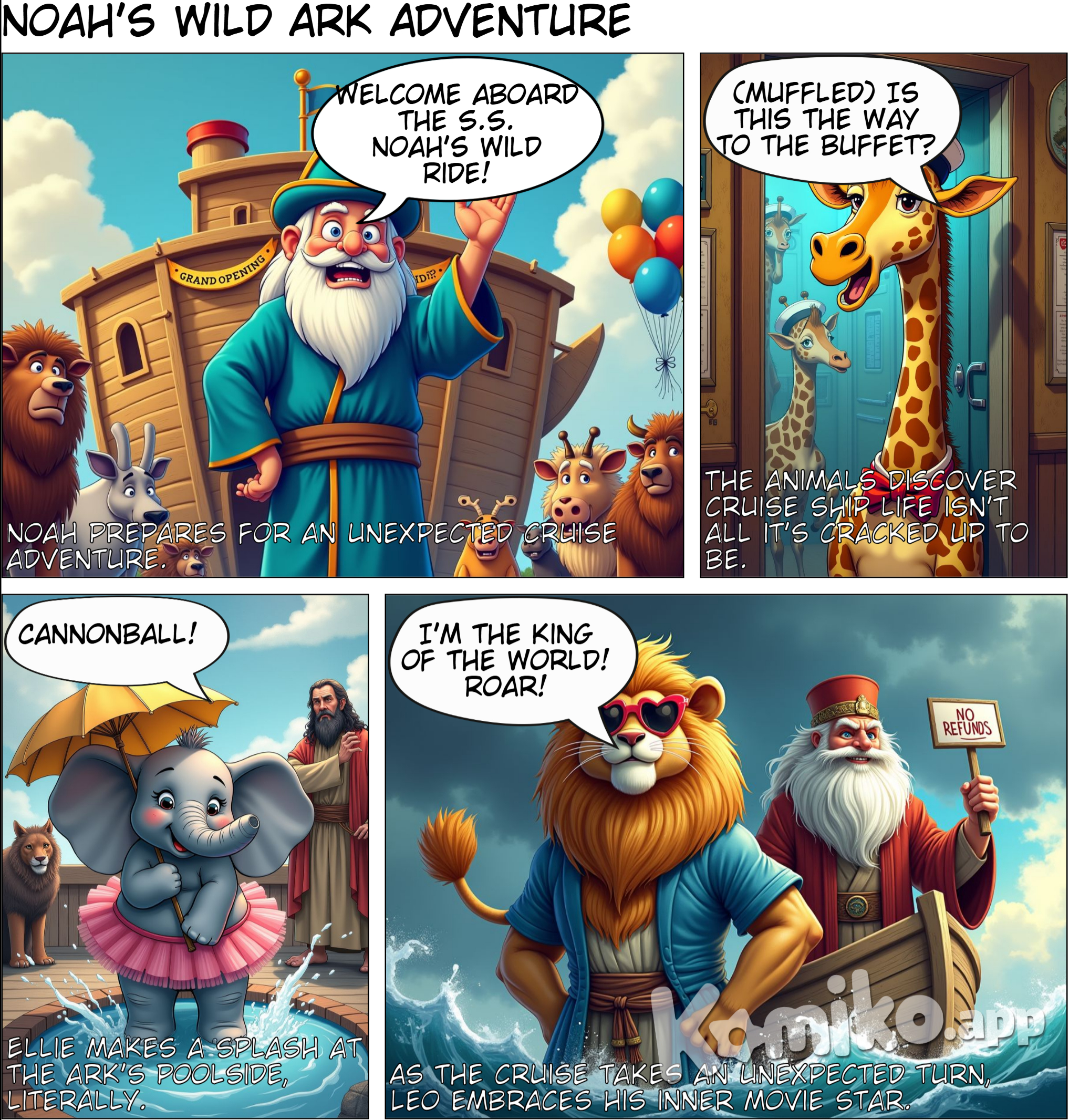 Colorful cartoon illustration of Noah's Ark for children aged 3 to 9. The scene shows a large wooden ark floating on calm blue waters with a bright rainbow in the sky. Noah, depicted as a kind, smiling elderly man with a long white beard, stands at the entrance of the ark waving. Surrounding the ark are pairs of friendly animals—giraffes, elephants, lions, zebras, monkeys, and doves—drawn with soft, rounded features and cheerful expressions. The background includes a bright, sunny sky with fluffy white clouds. The overall style is playful, vibrant, and engaging, designed to capture a child's imagination.