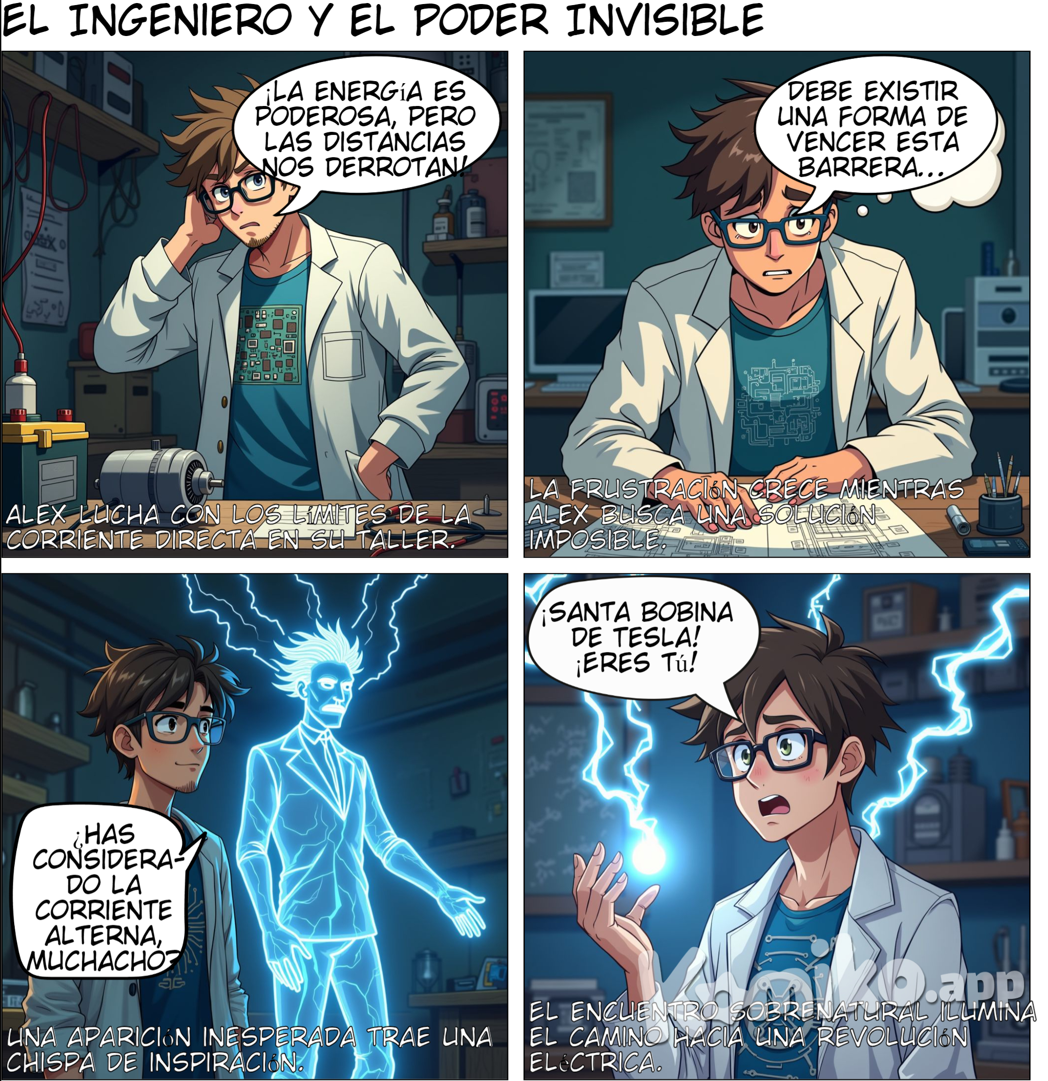 Título: "El Ingeniero y el Poder Invisible" Escena 1: El problema del ingeniero Panel 1: (Vemos a un joven ingeniero, Alex, en su taller lleno de cables, generadores, y herramientas.)  Alex (pensativo): "La energía es tan poderosa… pero las distancias son nuestro mayor enemigo." Panel 2: (Alex intenta encender un motor conectado a una batería. El motor se mueve lentamente y luego se apaga.)  Alex: "¡Necesito transmitir energía más lejos sin perder potencia! Pero con corriente directa (DC), es imposible..." Panel 3: (En su tablero, hay dibujos de circuitos, baterías y generadores, todos con anotaciones.)  Alex (hablando consigo mismo): "Debe haber otra forma… algo que pueda viajar sin tanta pérdida."