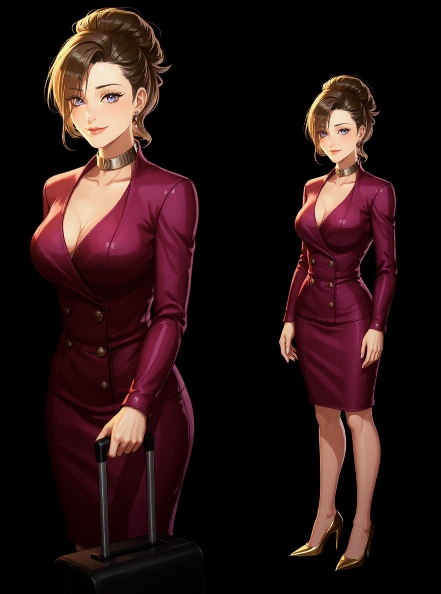 charachter sheet on black background with full body front view, left and right, and end 3/4 view bust portrait top left corner. She wears gold high heels and gold buttons on the dress. she is hodinh the handle of a rolling carry on bag in her rtight hand, the luggage is seen slightly behind her.