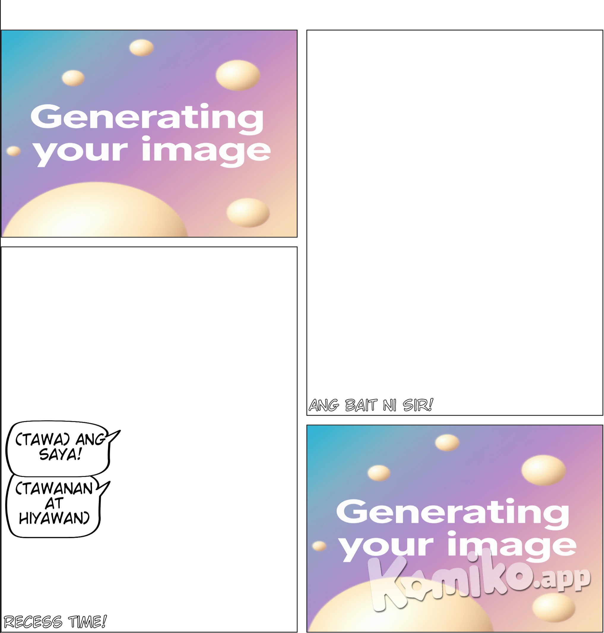 Character name raiza, 5years old short hair with uniform Panel 4: (Isang larawan ng bata na pumapasok sa silid-aralan, maraming bata ang maingay) CAPTION: Ang ingay! Pero okay lang, nandyan si Heartmely   Panel 5: (Isang larawan ng bata at ng kanyang pinsan na nakikinig sa guro) CAPTION: Ang bait ni Sir!   Panel 6: (Isang larawan ng mga bata na naglalaro sa recess) CAPTION: Recess time!   Panel 7: (Isang larawan ng bata na kumakaway sa kanyang ama) CAPTION: Uwian na!  