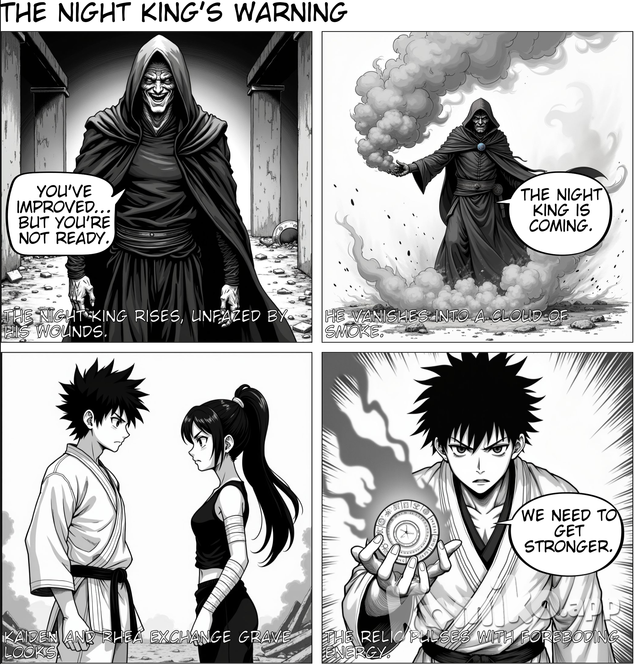 Panel 1 (Top): The figure stands up, laughing despite his injuries. "You’ve improved… but you’re not ready." Panel 2 (Middle left): He throws a smoke bomb, vanishing into mist. "The Night King is coming." Panel 3 (Middle right): Kaiden and Rhea look at each other, their faces serious. Panel 4 (Bottom full-width): Close-up of the relic glowing ominously. Kaiden: "We need to get stronger."