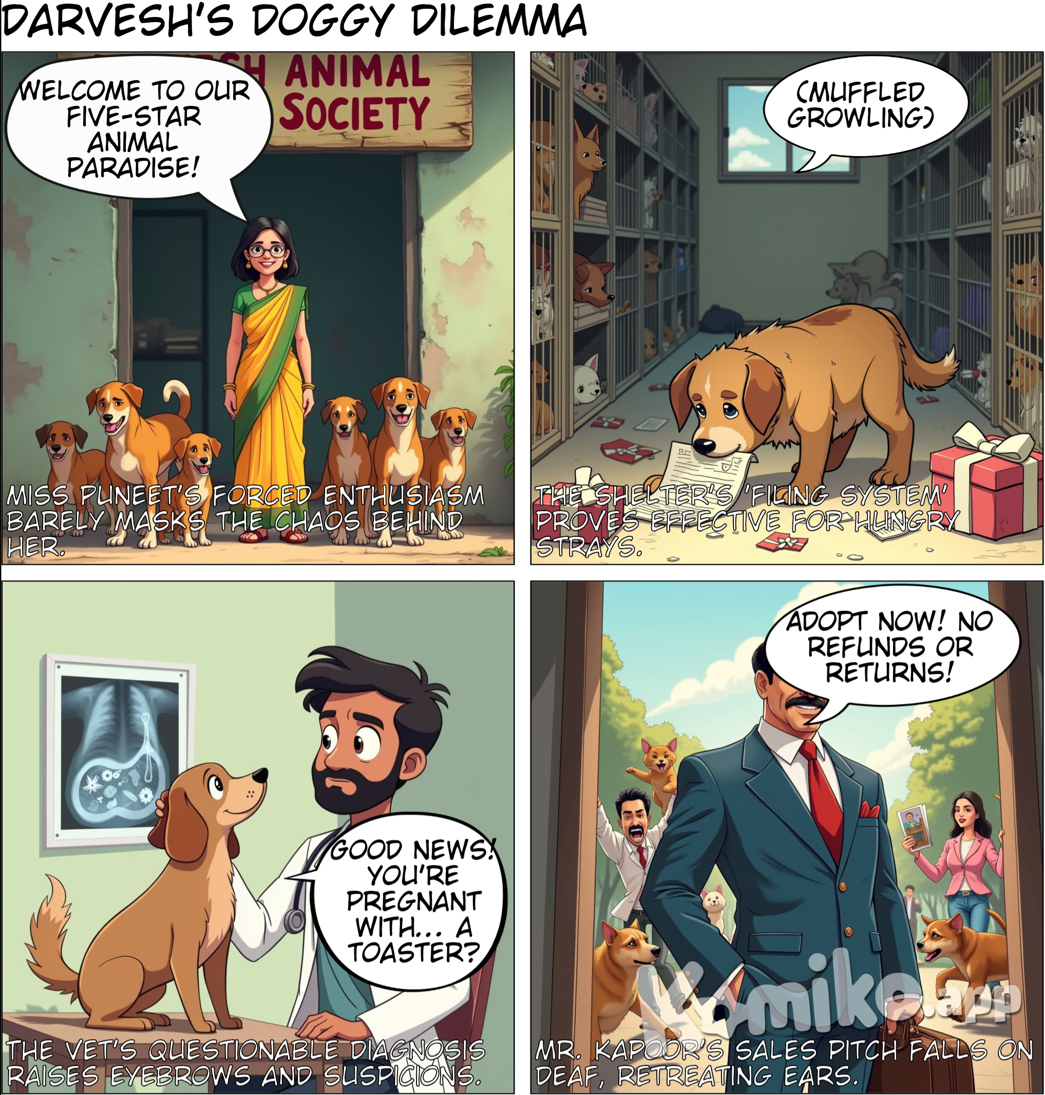 Panel 1: (Establishing shot of the Darvesh Animal Welfare Society center.)  Caption: "Welcome to Darvesh Animal Welfare Society!"  Miss Puneet (smiling and standing in front of the center): "Here we provide refuge and care for stray animals!"  Panel 2: (Inside the facility, Aunty Balwinder Kaur is feeding a group of dogs.)  Aunty Balwinder Kaur (talking to the dogs): "Eat up, you little ones! You deserve all the love in the world!"  Dog (thought bubble): "Woof!"  Panel 3: (Mr. Sukhi is washing his hands and speaking with Parminder Kaur.)  Mr. Sukhi: "I can't believe how many dogs we rescued this week!"  Parminder Kaur (enthusiastic): "And we have a team lined up for medical check-ups!"  Panel 4: (Introducing Mr. Anil Kapoor from Red Sapphire Immigration; he’s looking at adoption brochures.)  Mr. Anil Kapoor: "I brought some pamphlets for anyone looking to adopt! Can't wait to find these pups their forever homes!"  Veterinary Doctor (walking by with a stethoscope): "Healthy dogs make happy families!"  Panel 5: (The veterinary doctor examining an injured dog while others watch.)  Veterinary Doctor: "This little guy has an injury, but he’ll be alright with treatment!"  Dog (with bandage and a smile): "Woof! I love you, doctor!"  Panel 6: (Everyone gathers around, excited as the veterinary doctor holds up a small puppy.)  Veterinary Doctor: "And look at this little one! Rescued from the streets and ready for adoption.”  Miss Puneet (grinning): "Who wants to take him home?"  Panel 7: (Final panel showing everyone happy, dogs playing around, with a banner that reads 'Adopt, Don't Shop.')  Caption: "Together, we can change lives one paw at a time!"  Everyone in unison: "Join us in making a difference!"  END