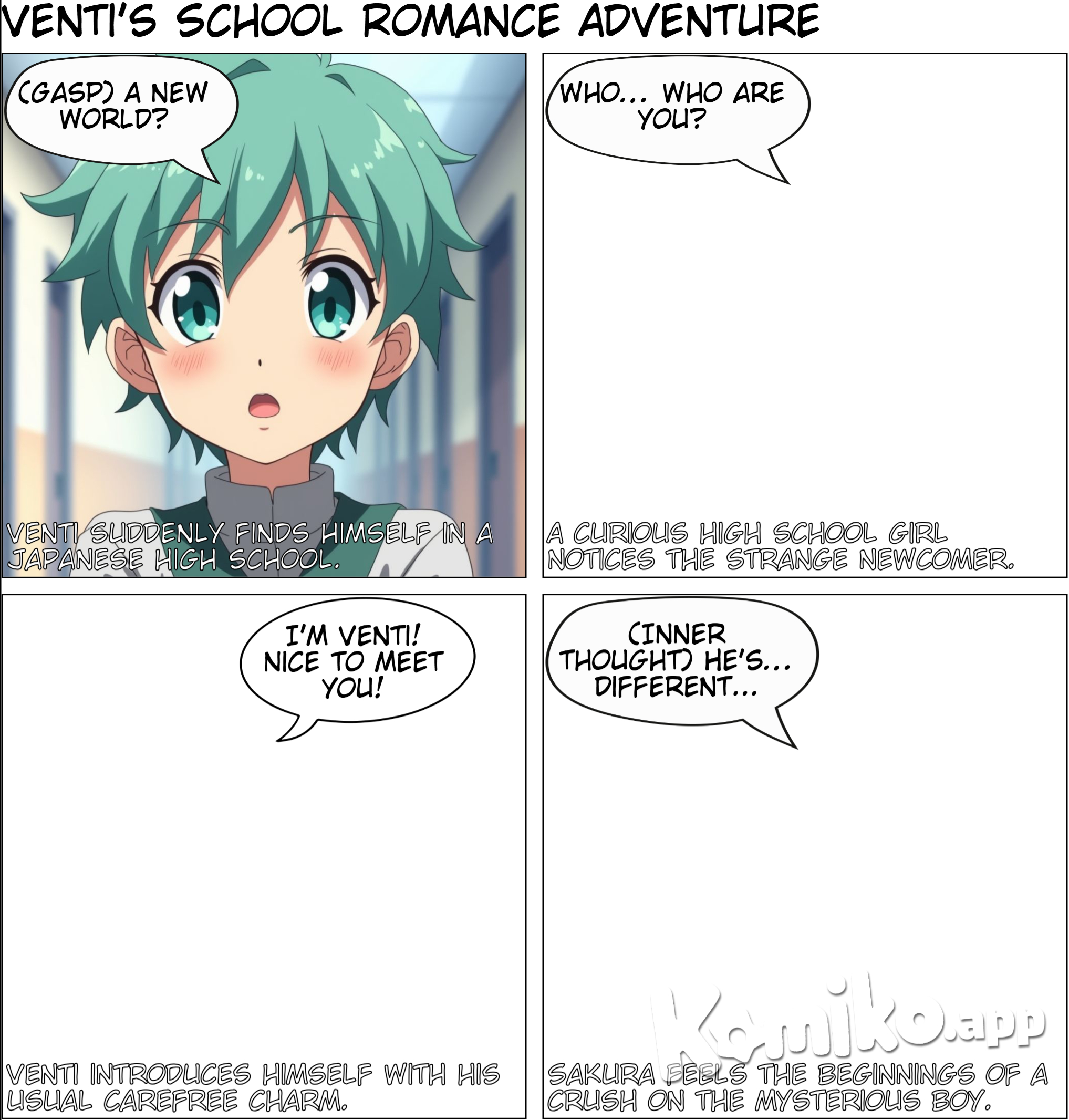 You are an art director specializing in the style of anime and manga, with extensive knowledge and practical experience in Japanese anime painting techniques, color application, and character design. Create an anime character for a school romance theme.  Style points: Youthful vitality, bright colors, and soft lines.  Operational guidance: Choose suitable color combinations and use soft brush strokes to draw character outlines. Character types: One male and one female, with the male being a Genshin Impact character, Venti, and the female being a high school girl in a JK uniform.