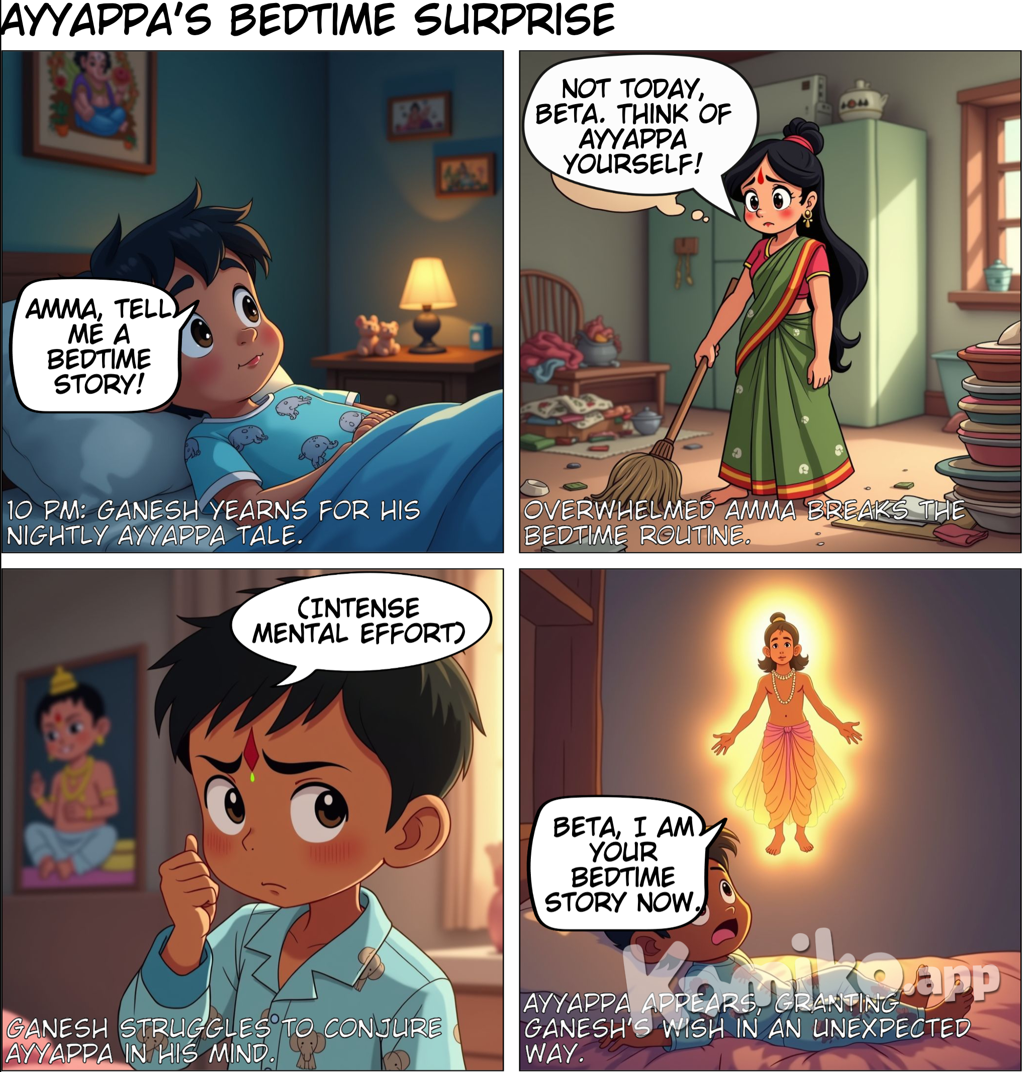 It was time for him to sleep. The time was 10 pm and he was lying in his bed and his mind was as usual thinking of Lord Ayyappa, his favourite God. Ganesh’s mother was busy cleaning the small house they lived in, before she can sleep too. Ganesh remembered the various bedtime stories his mother told about Lord Ayyappa every night. But today she seems to be unusually busy with the chores. He called out to her “Amma, when will you come to tell me the bedtime story”. “Not today Beta”, I need to clean the house before i can come”. “You close your eyes and think of  Lord Ayyappa” came the reply.   Ganesh had always loved the bed time stories his mother used to tell almost every night. In fact he considered lord Ayyappa as his best friend in his imaginary world. There was a picture of lord Ayyappa hanging just in front of his bed. He used to talk to lord Ayyappa whenever he was awake at night.