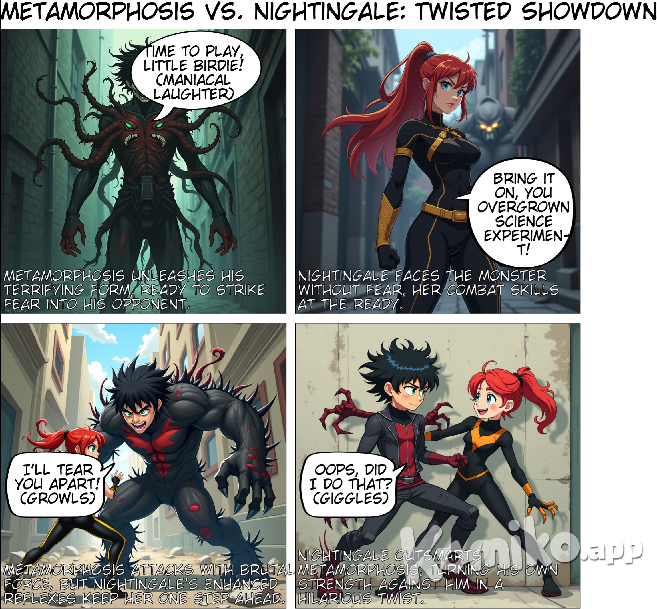 Hero Name: Metamorphosis Real Name: Victor Malum Age: 16 Quirk: Monster Manifestation Victor’s quirk allows him to transform into any type of monster he can imagine, including grotesque and horrifying creatures inspired by his own mind and the eerie monsters from Silent Hill. His transformations come with unique abilities, such as enhanced strength, agility, and fear induction. Hero Ranking: #47 Victor’s unique and terrifying quirk, combined with his effectiveness in combat and psychological warfare, has earned him a spot among the top 50 heroes in Japan. Despite his young age, his abilities and strategic mind make him a formidable hero. Powers and Abilities: Transformation: Can morph into any type of monster he can imagine, each with unique abilities. Adaptive Physiology: Gains the strengths and weaknesses of the monster form he takes on. Regeneration: Limited healing abilities that allow him to recover from injuries faster than normal. Fear Induction: Can strike fear into the hearts of his enemies, making them more susceptible to his attacks. Cannibalistic Rage: When fully insane, he can consume others to temporarily gain their abilities and enhance his own power. Weaknesses: Energy Drain: Each transformation consumes a significant amount of energy, limiting the duration he can stay in a monstrous form. Mental Instability: Already mentally unstable, the transformations exacerbate his instability, making him more erratic and unpredictable. Vulnerability in Human Form: When not transformed, he is as vulnerable as any regular human. Backstory: Victor Malum was born with the unique and terrifying power to transform into any monster he could imagine. His father was abusive, and one night, Victor snapped, transforming into a monstrous form and killing his entire family. Instead of feeling remorse, he found pleasure in the act. Left on the streets, he was taken in by All For One, who saw potential in Victor’s abilities and nurtured his dark tendencies. Under All For One’s guidance, Victor embraced his monstrous nature and honed his powers to spread fear and chaos. Motivation: Victor revels in his monstrous transformations and the fear they instill. He aims to create a world where he reigns supreme, feared by all, and uses his powers to spread chaos and terror. Personality: Victor is unpredictable and erratic, with moments of brilliance overshadowed by bouts of madness. His unstable mind makes him a dangerous and formidable foe, capable of extreme cruelty and cunning. Appearance: In his human form, Victor appears as a young man with wild hair and a manic gleam in his eyes. When transformed, his appearance varies depending on the monster he becomes, but all forms share a terrifying and grotesque nature, often inspired by the nightmarish creatures from Silent Hill or his own twisted imagination. Victor Malum, as Metamorphosis, brings a unique and terrifying presence to the hero rankings, making him a standout Chapter 4: The Hero’s Challenge As Metamorphosis’s reign of terror continued, the hero community struggled to find a way to stop him. His unpredictable nature and terrifying transformations made him a formidable foe. Heroes who faced him often found themselves paralyzed by fear, unable to match his ferocity. One hero, however, refused to back down. Ela Fireraven, known as Nightengale, possessed the unique power of Combat Integration, which combined peak human conditioning, enhanced reflexes, increased endurance, problem-solving skills, and limited regeneration. Determined and fearless, Ela saw Metamorphosis as the ultimate challenge victor haunts nightengal but nighten gale got moves to out match him each time. MHA art style