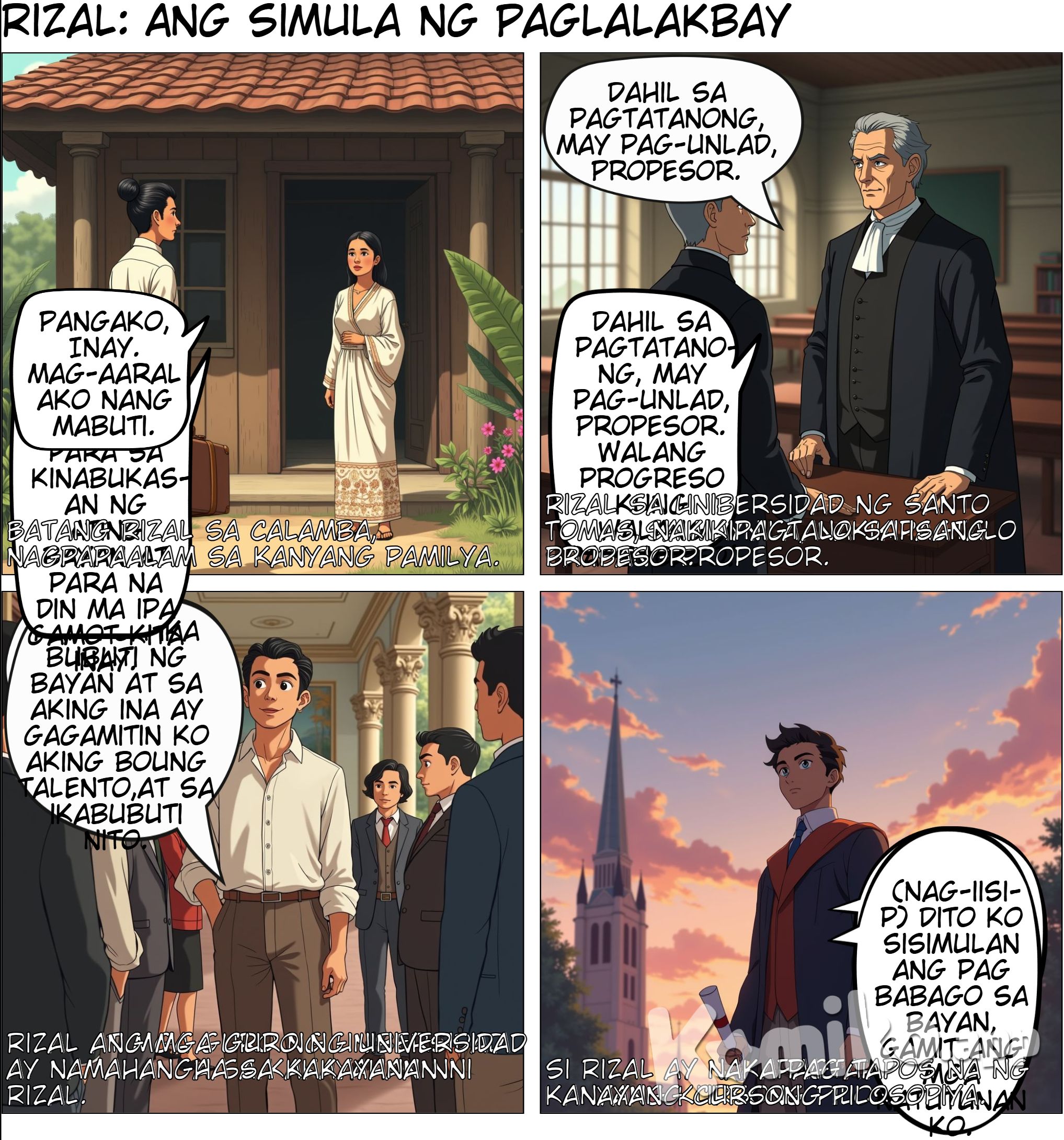  "Rizal: ay pumasok na sa kanyang kolihiyo  (Tagpo: Batang Rizal sa Calamba, nagpapaalam sa kanyang pamilya.) Ina ni Rizal: "José, tandaan mo, ang edukasyon ang susi sa iyong mga pangarap. Ipagmalaki mo kami!" Rizal: "Pangako, Inay. Mag-aaral ako nang mabuti para sa kinabukasan ng ating bayan at para na din ma ipa gamot kita inay.  (Tagpo: Rizal sa Unibersidad ng Santo Tomas sa Maynila, nakikipagtalo sa isang propesor.) Propesor: "Bakit mo kailangang kwestyunin ang nakasanayan, Señor Rizal?" Rizal: "Dahil sa pagtatanong, may pag-unlad, Propesor. Walang progreso kung walang pagbabago!"  (Tagpo: Rizal ang mga Guro ng universidad ay namahangha sa kakayanan ni Rizal) Kaibigan 1: "José, ang talino mo ang boung klase ay namangha sa kagalingan mo! Rizal: “ para sa ika bubuti ng bayan at sa aking ina ay gagamitin ko aking boung talento,at sa ikabubuti nito."  (Tagpo: si Rizal ay naka pag tapos na ng kanayang Cursong Pilosopiya.) Rizal (nag-iisip): "Dito ko sisimulan ang pag babago sa bayan, gamit ang mga natutunan ko. Peru kailangan ko ding gamotin ang aking inay.