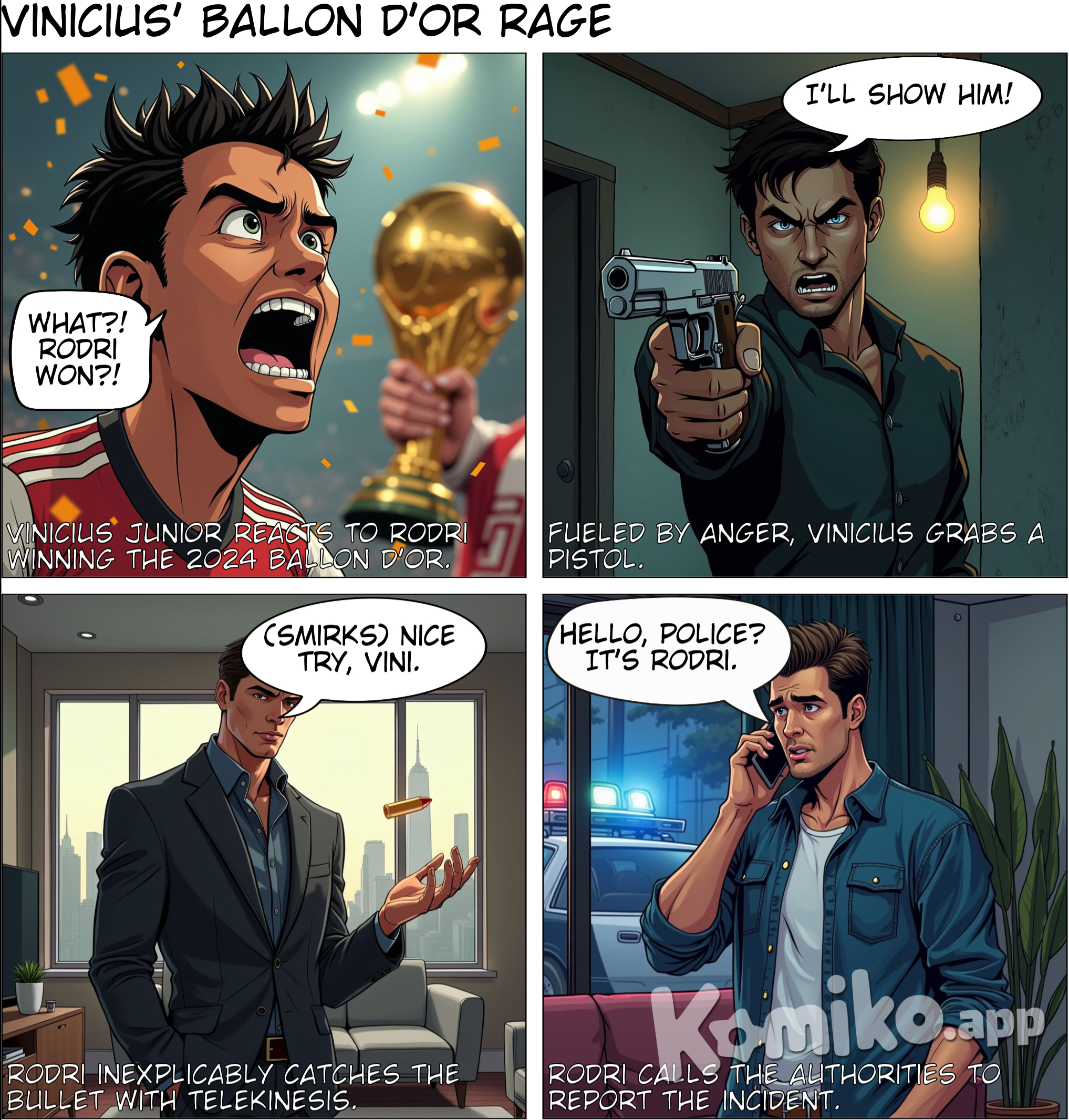 Vinicius Junior angry because Rodri win ballon dor 2024 and pick up pistol and shoot him but Rodri hold bullet and call of police