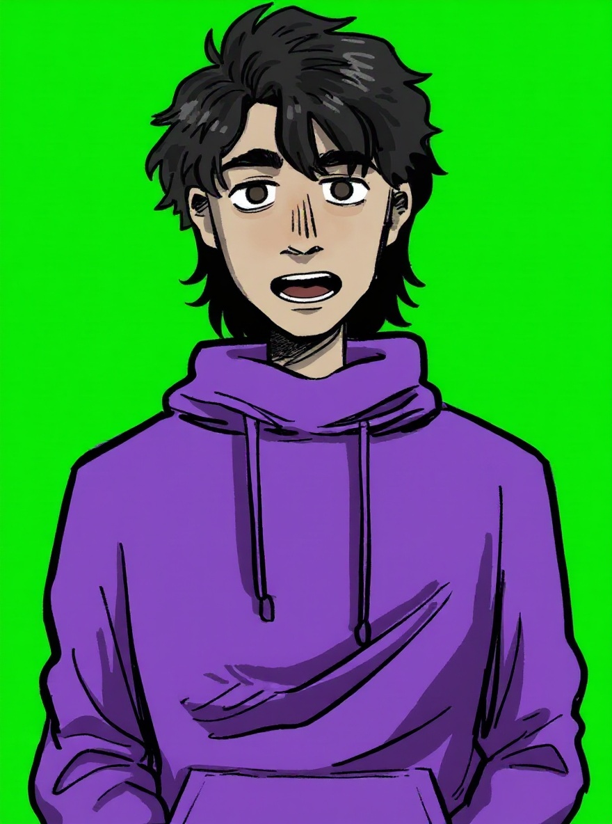 green screen, mouth open, eyes open, speaking contently