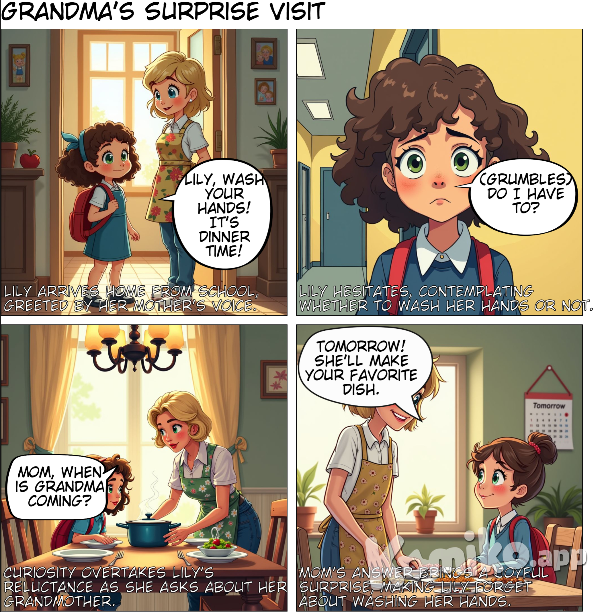 This is a girl who is coming home from school and has it in her backpack. Her mother tells her that it is time to eat and to go wash her hands. The girl. Not very happy. Is she going to go to the bathroom? And. She thinks twice about whether or not she is going to wash her hands. She sees herself in the dining room. The food is served on the table and they are getting ready to eat. The girl asks about her grandmother. Mom, when is my grandmother coming? And her mother answers. Oh, tomorrow she is coming. he will cook you your favorite dish