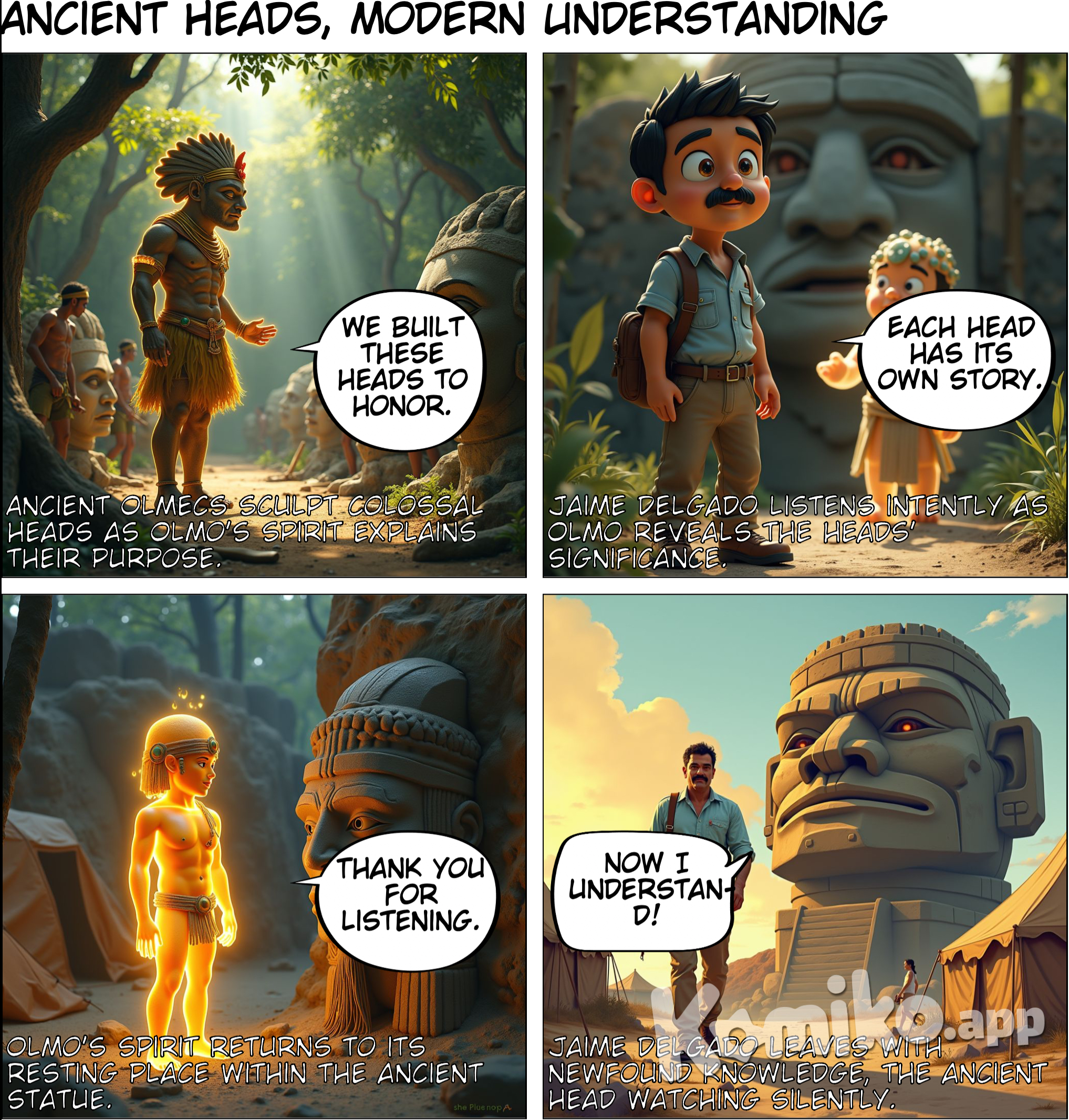  Image: Scene of  a lot of ancient Olmecs sculpting massive heads in a historical setting. Text: Olmo: "We built these heads to honor."  Panel 6: Image: Jaime Delgado looks amazed as Olmo explains. Text: Jaime Delgado: "Each head has its own story."  Panel 7: Image: Olmo reverts back to his statue form, with a soft glow remaining. Text: Olmo: "Thank you for listening."  Panel 8: Image: Jaime Delgado walks away, satisfied, with the Olmec head in the background. Text: Jaime Delgado: "Now I understand!"