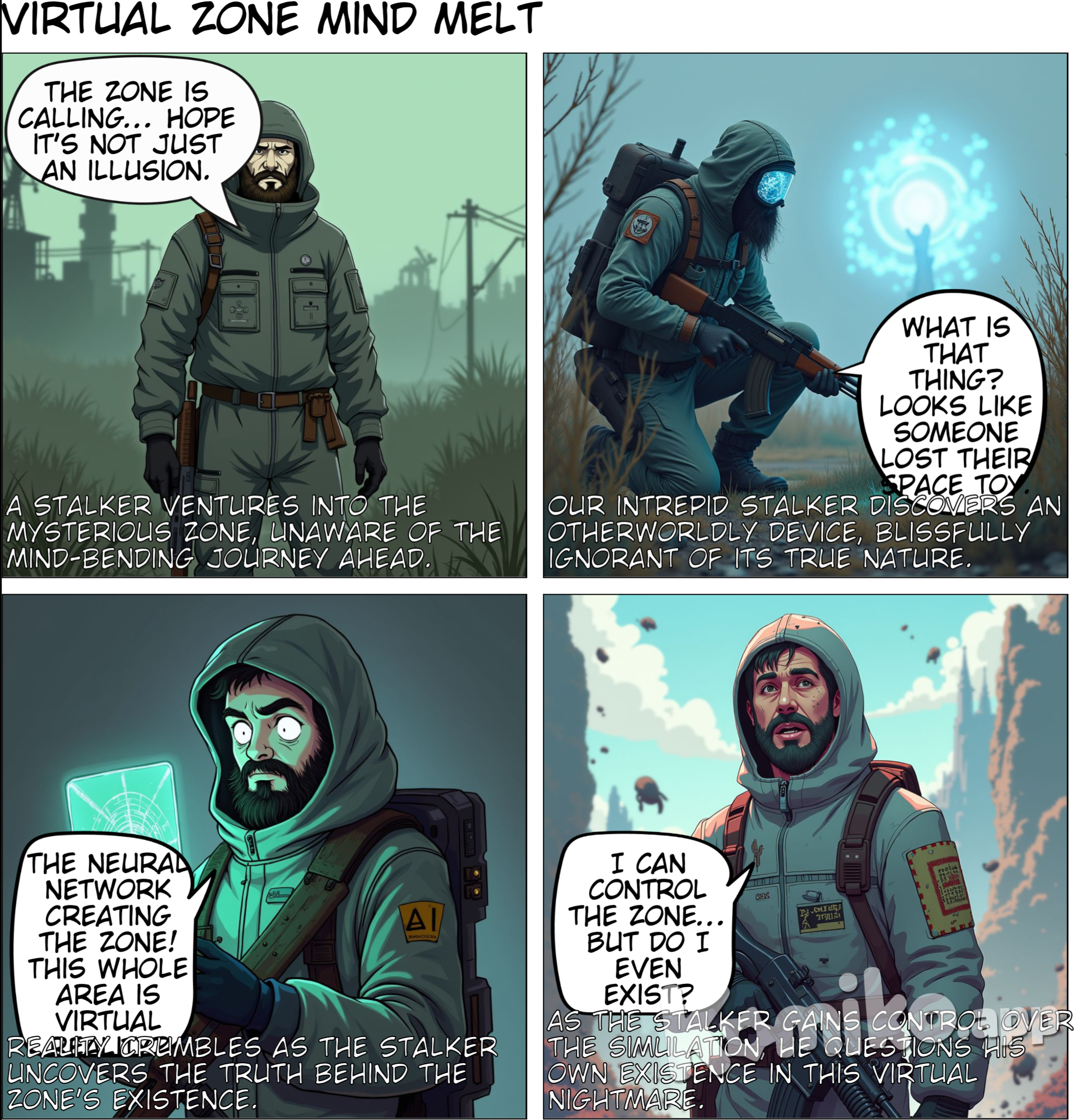 **Title:** **Stalker: Virtual Zone**  **Scene 1:** **(Entering the Zone)** - **Panel 1:** A Stalker (in protective gear) stands at the edge of the Zone, with wild overgrowth in the background.   - Stalker: "The Zone is calling... It's time to go. Hope it's not just an illusion."  **Scene 2:** **(Unusual Discovery)** - **Panel 2:** The Stalker cautiously moves through the Zone and sees a strange device emitting a blue light.   - Stalker: "What is that thing? Looks like someone lost their space toy."  **Scene 3:** **(Zone Neural Network)** - **Panel 3:** The Stalker finds the device, which turns out to be the central server of a neural network generating the entire Zone.   - Stalker: "This is it... The neural network creating the Zone! So, this whole area is virtual reality?"  **Scene 4:** **(Reality Paradox)** - **Panel 4:** The Stalker realizes that by using this neural network, he can control the Zone, but this leads to the question: does he exist, or is he also part of the simulation?   - Stalker: "I can control the Zone... But does it really exist? Or am I just part of this simulation too?"