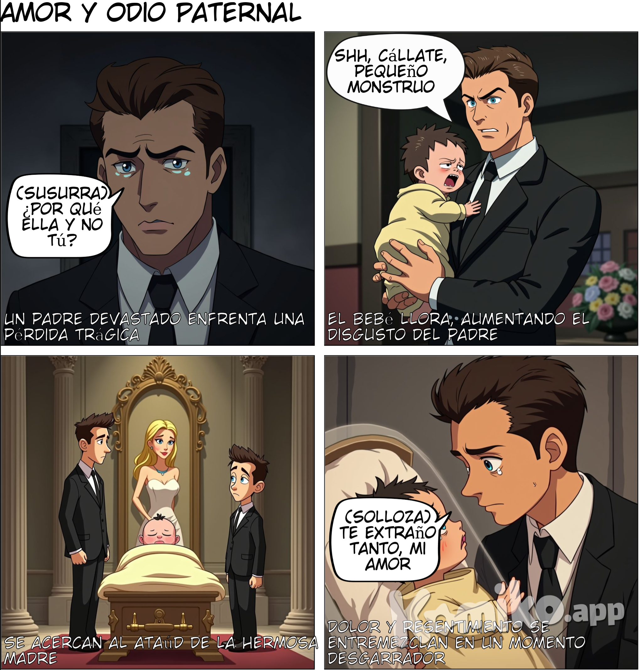 Un padre hermosísimo lleva a su horrible y asquerso hijo recien nacido (al cual odia) en brazos al velorio de su hermosa madre, la cual está en un cajón de vidrio