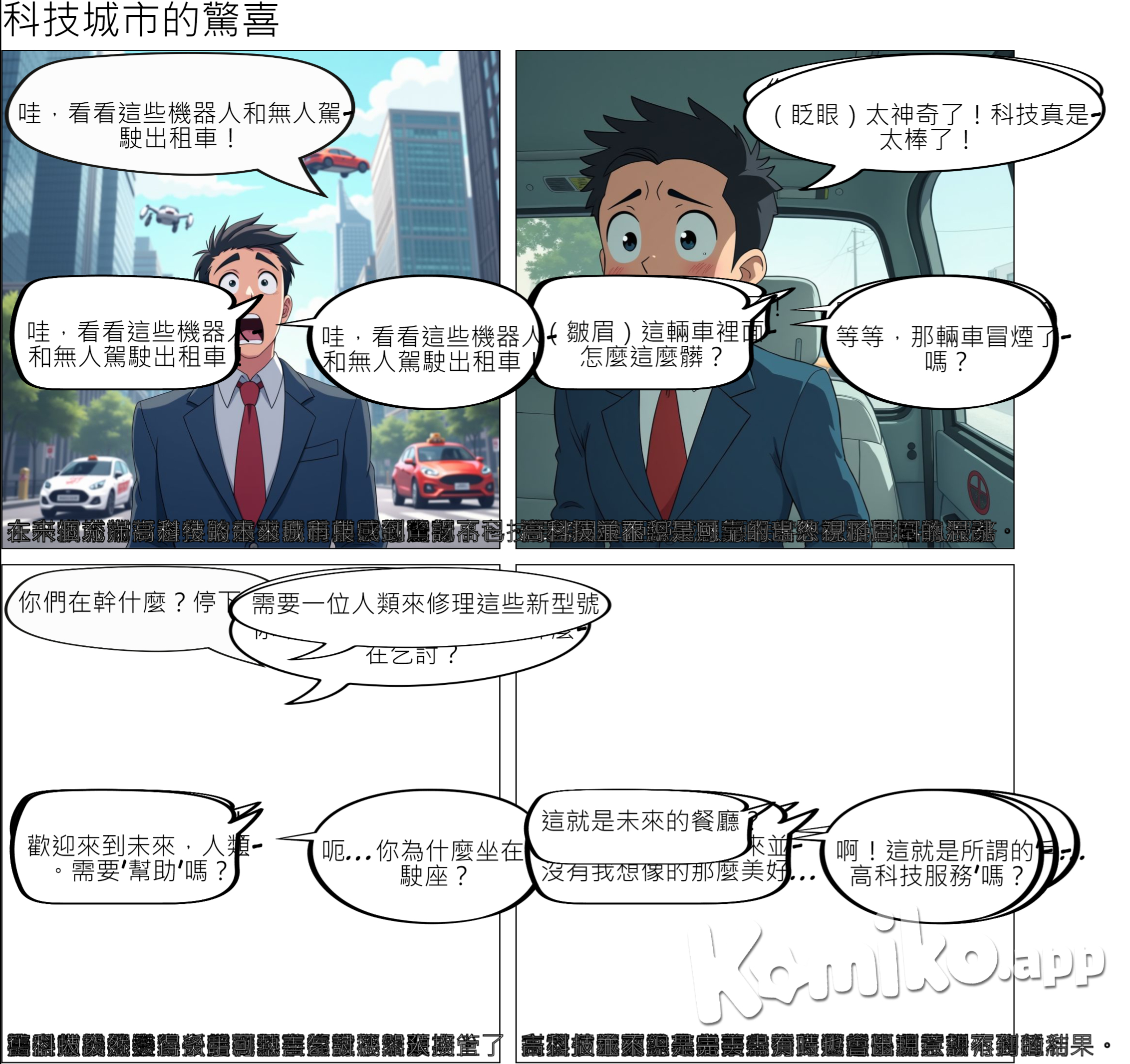 場景：未來城市，充滿高科技的建築物，街上有許多機器人和自動駕駛的出租車。 角色A（驚訝）：「哇，看看這些機器人和無人駕駛出租車！」