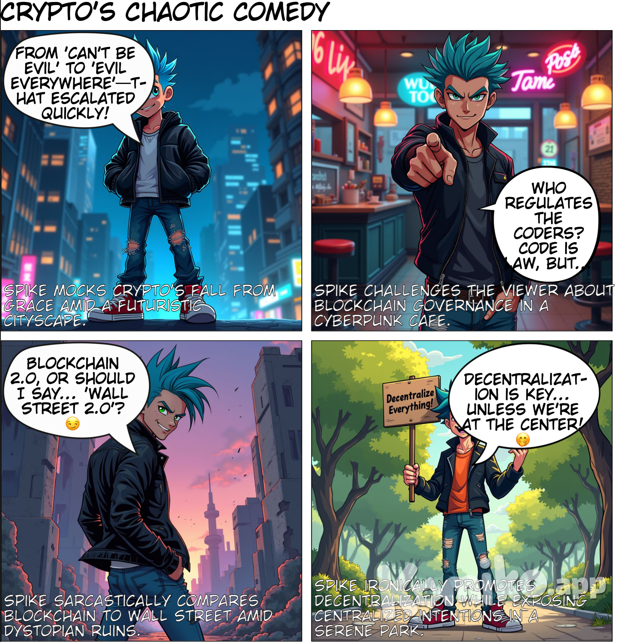 1. <Spike-5c16>, American comic style, hands in pockets, smirk, cowboy shot, city lights, skyscraper   - Dialogue: "From 'can’t be evil' to 'evil everywhere'—that escalated faster than Luna's crash!" 2. <Spike-5c16>, by yoneyama mai, pointing at viewer, one eye closed, medium long shot, neon lights, cafe   - Dialogue: "Who regulates the people writing the code, huh? Code is Law, but what about the lawmakers?" 3. <Spike-5c16>, anime coloring, looking back, evil smile, side profile photo, twilight, ruins   - Dialogue: "Blockchain 2.0, or should I say... 'Wall Street 2.0'? 😏" 4. <Spike-5c16>, Genshin Impact style, holding sign, laughing, full body, ambient light, park   - Dialogue: "Decentralization is key... unless we are the ones at the center, right? Oh, did I say too much? 🤭"