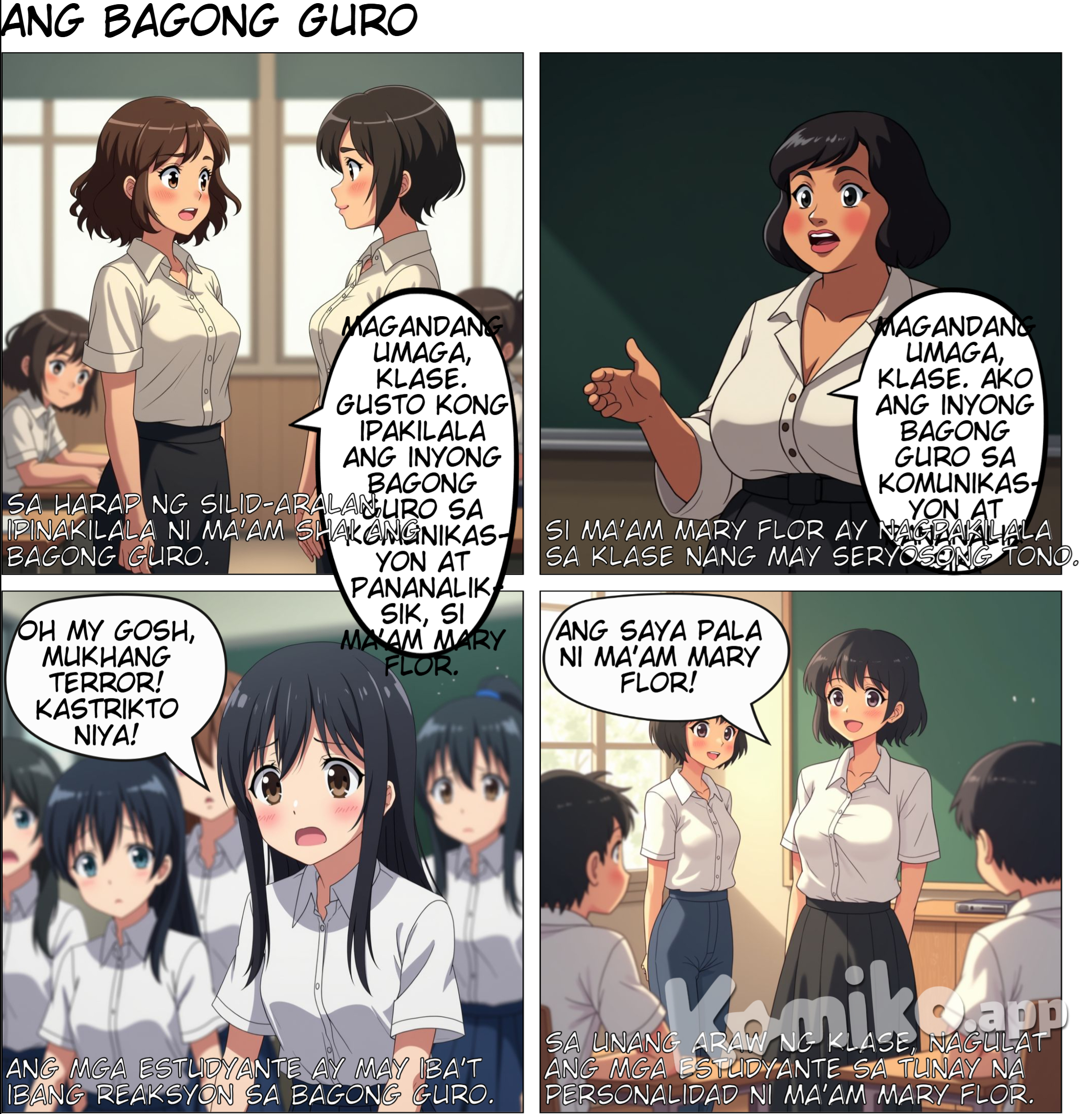 Pagpapakilala  1. Eksena: Sa harap ng room, nakatayo sila Ma’am Shai tas Ma’am Mary Flor. and then mal lagay ka ng  mga estudyante sa background na nakaupo sa kanilang mga upuan, curious ang ekspresyon ng mukha.    Ma’am Shai: "Magandang umaga, klase. Gusto kong ipakilala ang inyong bagong guro sa Komunikasyon at Pananaliksik, si Ma’am Mary Flor."  Ma’am Mary Flor: (Walang sinasabi, pero medyo seryoso ang mukha, diretso ang tindig.)    (sa drawing)  Ma’am Shai: Maamo at magiliw ang mukha tas curly ang hair.  Ma’am Mary Flor: May parehong uniform o kasuotan kay Ma’am Shai medyo chubby ang body type, may cheeks, short hair, morena.   -------------------   draw ng Close-up kay Ma’am Mary Flor habang nagsasalita sa harap ng klase.     Ma’am Mary Flor: "Magandang umaga, klase. Ako ang inyong bagong guro sa Komunikasyon at Pananaliksik."    ( Drawing)  Medyo  matapang ang tingin and parang napakaistrikto ng aura. and medyo dark unti ang shadow sa background ang parabf creepy aura      ----------------------     Nasa klase, close-up sa iba’t ibang estudyante habang iniisip ang kanilang reaksyon.   (Isip ng mga estudyante):  Estudyante 1: "Oh my gosh, mukhang terror!"  Estudyante 2: "Kastrikto niya!"  Estudyante 3: "Katakot si Ma’am!"    (sa Drawing)  Iba-ibang emosyon sa mukha ng mga estudyante: shocked, worried, at may nagpapakitang takot.      ---------   Naiwan si Ma’am Shai   Umalis si Ma’am Mary Flor, naiwan si Ma’am Shai sa harap ng klase habang ang mga estudyante ay nagrereklamo.  ( dialog)  Estudyante 1: "Ma’am, ayaw na pano paghali."  Estudyante 2: "Mamimiss mi ikaw."  Estudyante 3: "Natatakot kami, Ma’am. Bagang terror teacher idto."   ( sa Drawing)  Ma’am Shai: Maamong nakangiti pero mukhang nag-aalala.  Estudyante: Sabay-sabay nagrereklamo, hawak pa ang dibdib, at may eksaheradong reaction na takot.      ---  Huwebes ng umaga   Naglalakad ang mga estudyante papunta sa silid-aralan, makikita sa background ang signage na "Kom at Pan."   ( Dialog)  Estudyante 1: "Hala, next subject na ang Kom at Pan."  Estudyante 2: (Nervous face) "Ano kayang mangyayari?"    ( sa Drawing:)  Lahat ng estudyante ay naglalakad nang mabagal, may worried expression at may pawis sa noo.      ----------------  Masaya ang Klase  Nasa loob ng silid-aralan, ang mga estudyante ay masiglang nakikinig at nakangiti. Si Ma’am Mary Flor ay nakatayo sa harap at mukhang approachable.   ( Dialog)  Estudyante: "Ang saya pala ni Ma’am Mary Flor!"    ( sa Drawing)  Si Ma’am Mary Flor: Mas relaxed ang ekspresyon, nakangiti habang nagtuturo.  Estudyante: Tuwang-tuwa, nakataas ang kamay para sumagot.