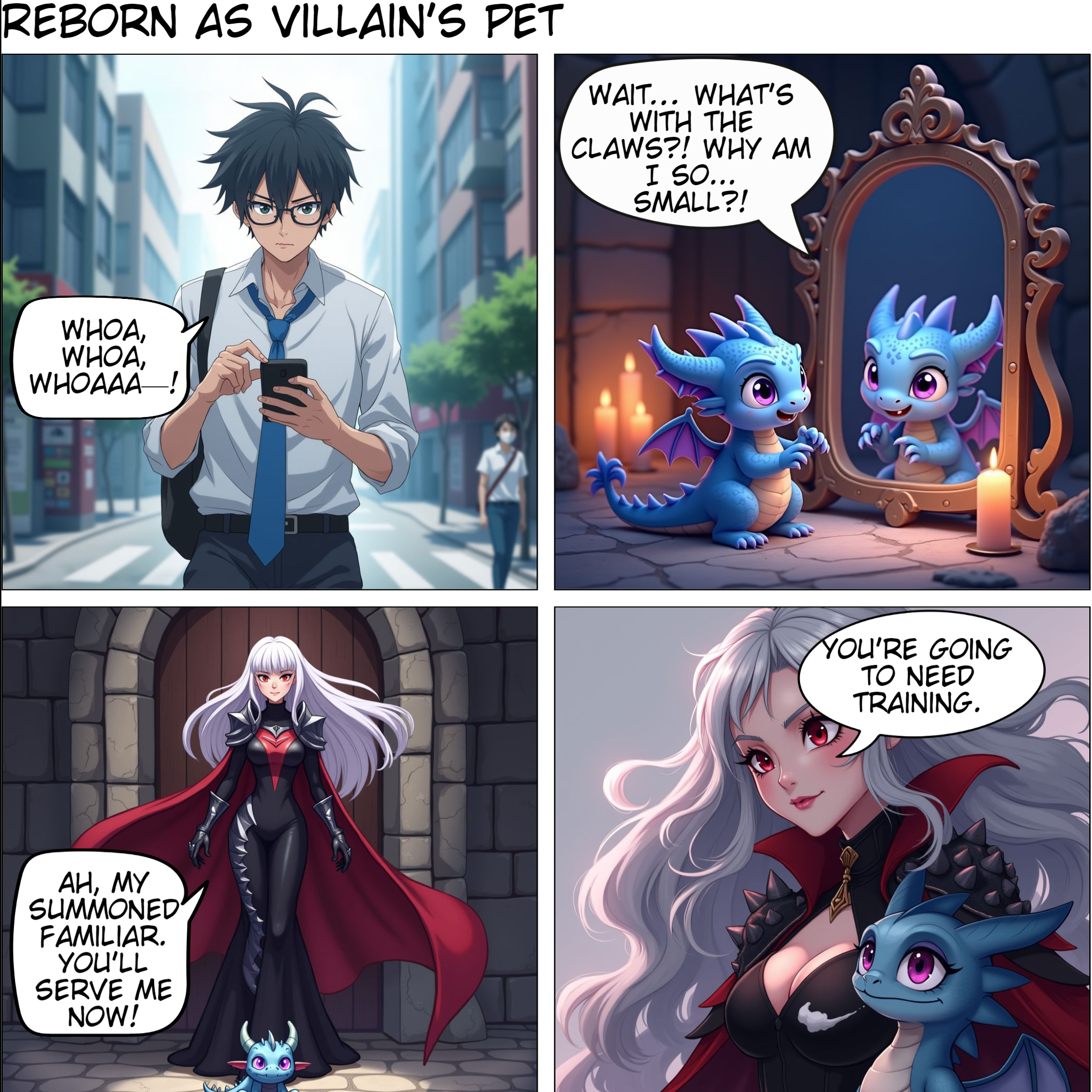 Title: Title: Reborn as the Villain’s Pet ; Setting: A medieval fantasy world ruled by magic and war.; Characters:  Riku: A clumsy office worker who loves playing fantasy RPGs. Luna: A fierce villainess ruling over a cursed kingdom. Fang: A small, fluffy dragon with a mischievous personality (Riku’s new form).; Panel 1: Scene: A modern-day office worker, Riku, is distractedly playing a mobile fantasy game and trips to his death. (Text Bubble, Riku): ""Whoa, whoa, whoaaa—!"" (Action): He trips over the sidewalk and sees a bright flash.; Panel 2: Scene: Riku wakes up in a medieval stone chamber, surrounded by flickering candles. He looks down at his claws. (Text Bubble, Riku): "Wait... what’s with the claws?!" (Mirror reflection shows a tiny, fluffy dragon.) (Text Bubble, Riku): "Why am I so... small?!" ; Panel 3: Scene: The imposing villainess, Luna, bursts into the room, her crimson cape flowing dramatically. (Text Bubble, Luna): "Ah, my summoned familiar. You’ll serve me now!" ; Panel 4: Scene: Luna attempts to pet Fang (Riku’s dragon form), but he sneezes fire in panic, creating a comedic explosion. (Text Bubble, Luna, charred but calm): "You’re going to need training.";  Panel 5: Scene: Fang follows Luna as she confronts a group of terrified villagers outside her castle. (Text Bubble, Villager): "Please, Lady Luna! Spare us!" ; Panel 6: Scene: Fang sneaks into Luna’s private chambers and finds a journal detailing her struggle to protect her cursed kingdom. (Text Bubble, Riku, reading): "She’s fighting to save her people from invaders?! The heroes are the bad guys?!";  Panel 7: Scene: Luna and Fang stand on the castle ramparts as a group of heroes approaches in the distance. (Text Bubble, Riku): "Why do I feel like I’m on the wrong side… but I kinda like it?";  Panel 8: Scene: Fang charges alongside Luna, breathing fire at the heroes as they engage in battle. (Text Bubble, Riku): "Guess I’m a villain now... Let’s do this!" (Action): Flames and magic clash dramatically as the panel fades to black.Reborn as the Villain’s Pet ;Setting: A medieval fantasy world ruled by magic and war.  Characters:  Riku: A clumsy office worker who loves playing fantasy RPGs. Luna: A fierce villainess ruling over a cursed kingdom. Fang: A small, fluffy dragon with a mischievous personality (Riku’s new form).;Panel 1: Scene: A modern-day office worker, Riku, is distractedly playing a mobile fantasy game and trips to his death. (Text Bubble, Riku): ""Whoa, whoa, whoaaa—!"" (Action): He trips over the sidewalk and sees a bright flash.; Panel 2: Scene: Riku wakes up in a medieval stone chamber, surrounded by flickering candles. He looks down at his claws. (Text Bubble, Riku): "Wait... what’s with the claws?!" (Mirror reflection shows a tiny, fluffy dragon.) (Text Bubble, Riku): "Why am I so... small?!" ; Panel 3: Scene: The imposing villainess, Luna, bursts into the room, her crimson cape flowing dramatically. (Text Bubble, Luna): "Ah, my summoned familiar. You’ll serve me now!" ; Panel 4: Scene: Luna attempts to pet Fang (Riku’s dragon form), but he sneezes fire in panic, creating a comedic explosion. (Text Bubble, Luna, charred but calm): "You’re going to need training.";  Panel 5: Scene: Fang follows Luna as she confronts a group of terrified villagers outside her castle. (Text Bubble, Villager): "Please, Lady Luna! Spare us!" ; Panel 6: Scene: Fang sneaks into Luna’s private chambers and finds a journal detailing her struggle to protect her cursed kingdom. (Text Bubble, Riku, reading): "She’s fighting to save her people from invaders?! The heroes are the bad guys?!";  Panel 7: Scene: Luna and Fang stand on the castle ramparts as a group of heroes approaches in the distance. (Text Bubble, Riku): "Why do I feel like I’m on the wrong side… but I kinda like it?";  Panel 8: Scene: Fang charges alongside Luna, breathing fire at the heroes as they engage in battle. (Text Bubble, Riku): "Guess I’m a villain now... Let’s do this!" (Action): Flames and magic clash dramatically as the panel fades to black.