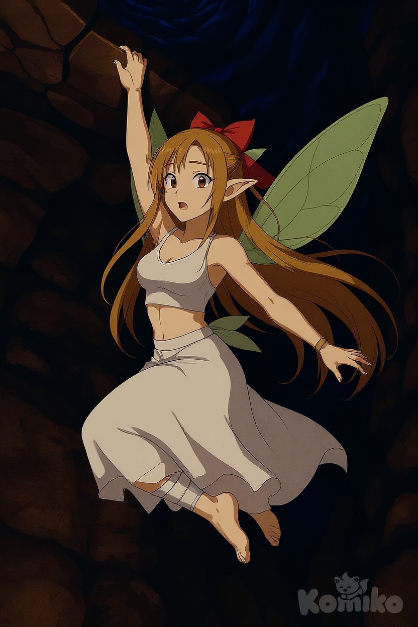 was the Fairy Queen, Titania. She wore a white outfit[16] with a long white skirt, a crop top showing her belly, and a red ribbon that went around the topmost part of her top that came together to make a bow.[17] She went barefoot, and wore a white strip around her ankles she still hanging on rock wall Cliff from falling and her feet show moving dangling bottom of fall cave