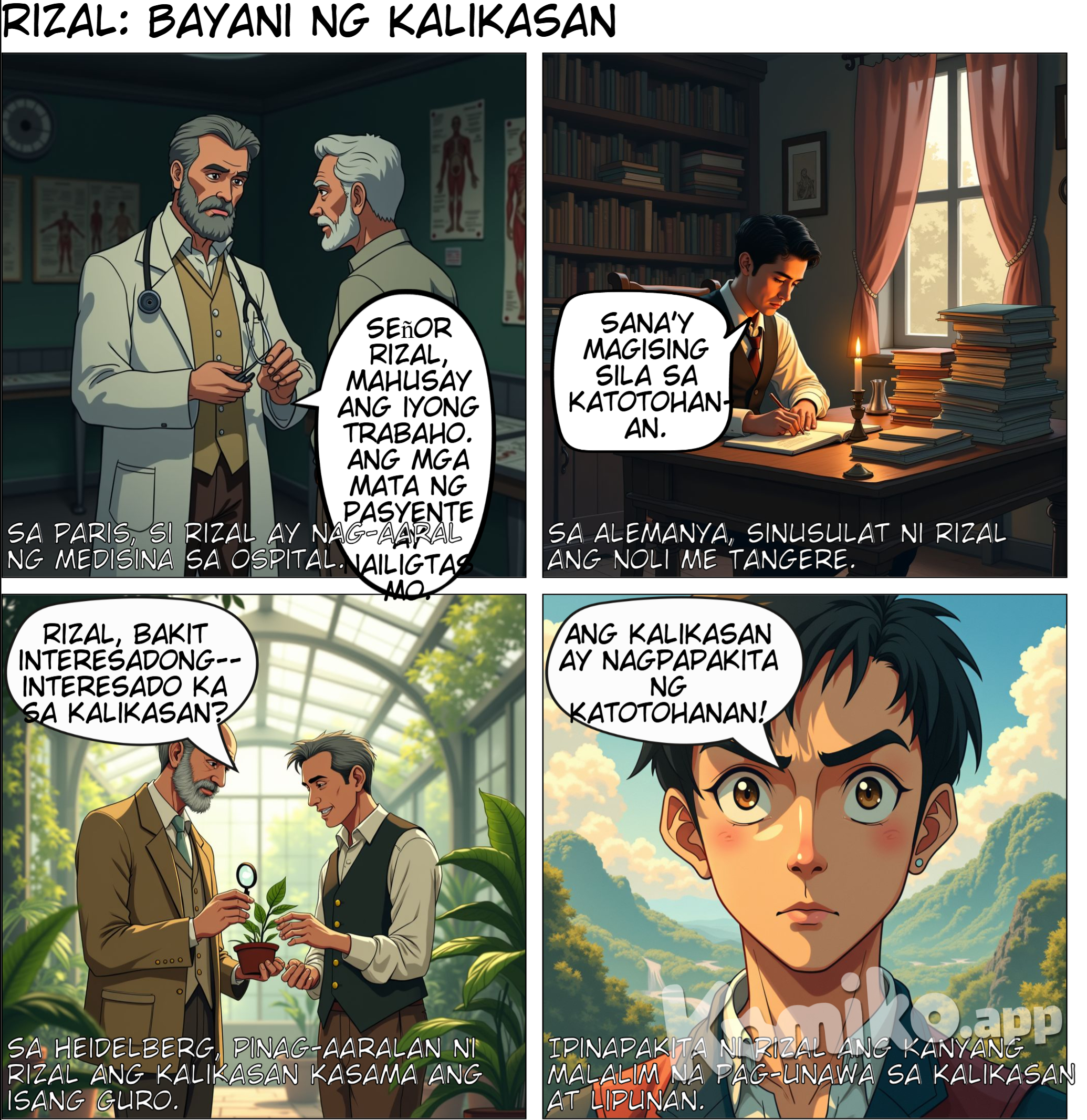 Tagpo: Rizal sa Paris, sa ospital habang nag-aaral ng medisina.) Doctor: "Señor Rizal, mahusay ang iyong trabaho. Ang mga mata ng pasyente ay nailigtas mo." Rizal (ngumingiti): "Salamat, Doktor. Sana ganito rin kadali ang paghilom ng sugat ng ating bayan." ________________________________________  (*Tagpo: Rizal sa Alemanya, sinusulat ang Noli Me Tangere.) Rizal "Ang bawat salita sa aklat na ito ay para sa ating bayan. Sana'y magising sila sa katotohanan." ________________________________________  (Tagpo: Rizal kausap ang isang guro sa Heidelberg habang tinitingnan ang mga halaman.) Guro: "Rizal, bakit interesadong-interesado ka sa kalikasan?" Rizal: "Dahil dito ko natututuhan ang mga batas ng buhay—ang kalikasan ay nagpapakita ng katotohanan