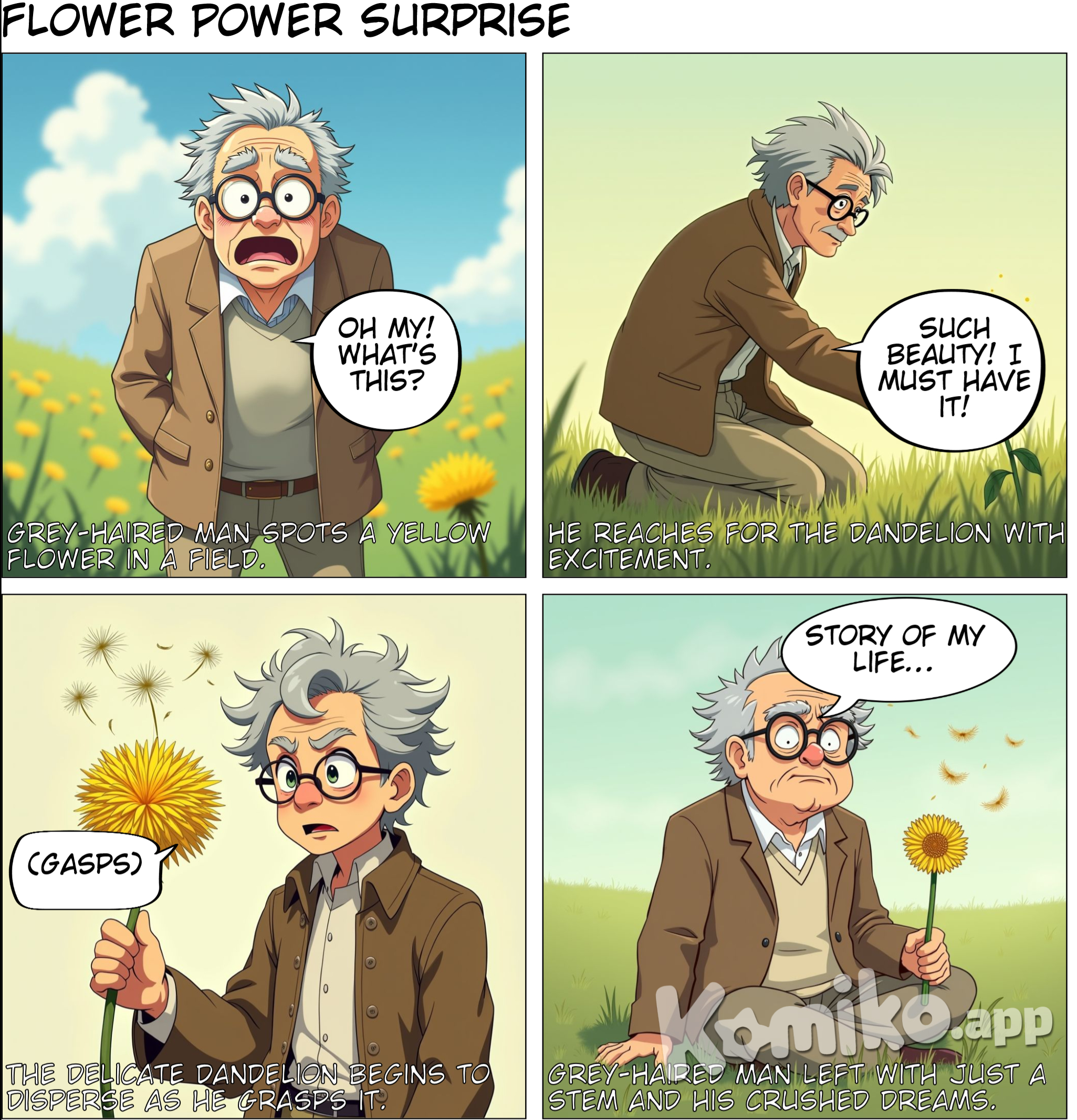 the grey haired man finds a yellow flower