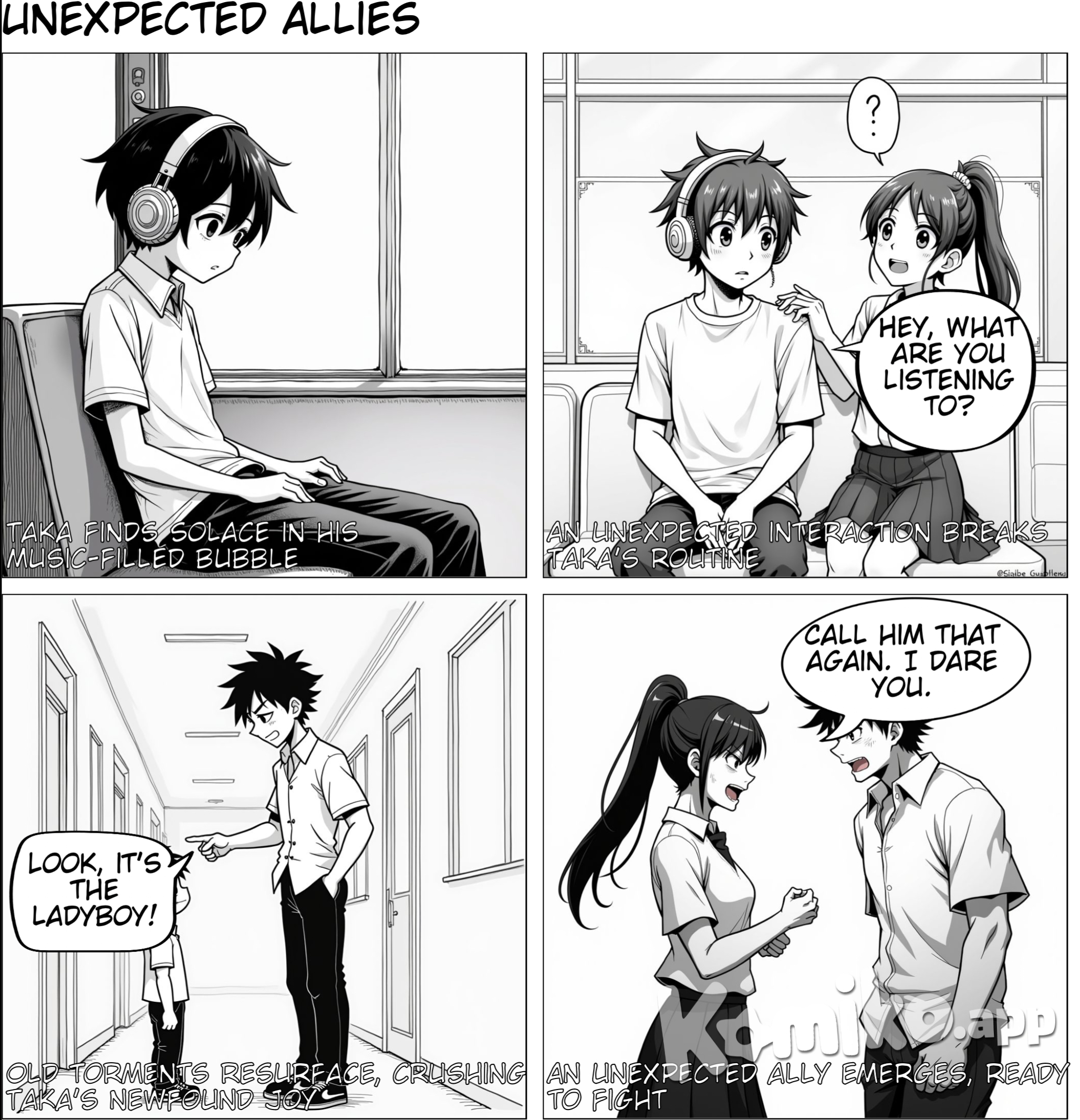 A homo teenager boy who likes to wearing headphones and sit on the window seat, one day a girl sitting next him and talks with him then they become bestie and the girl helps him to fight back to his classmates who calls him ladyboy 