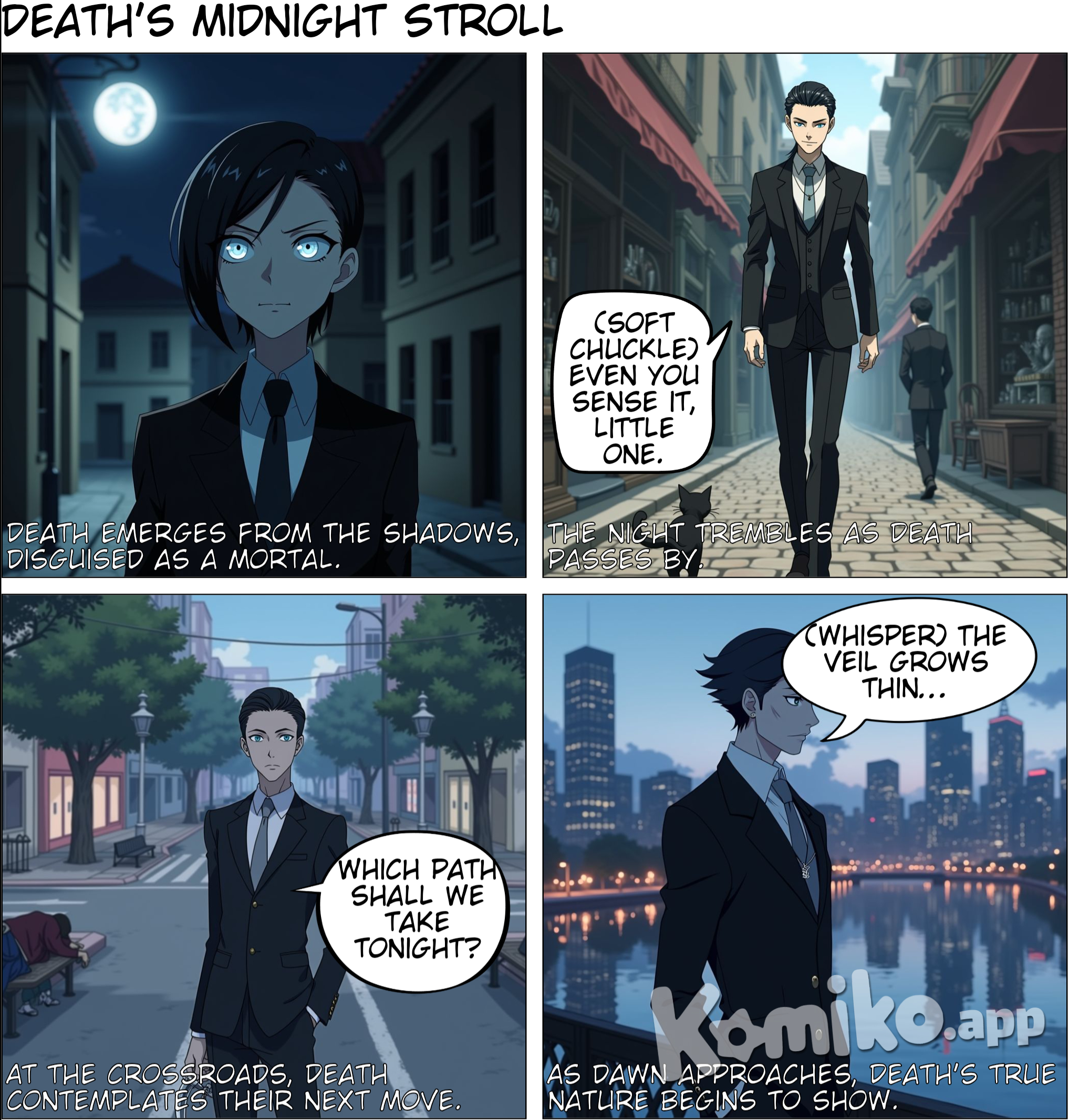 A grim reaper, looking like a real human, who is walking in the night, strolling along the streets