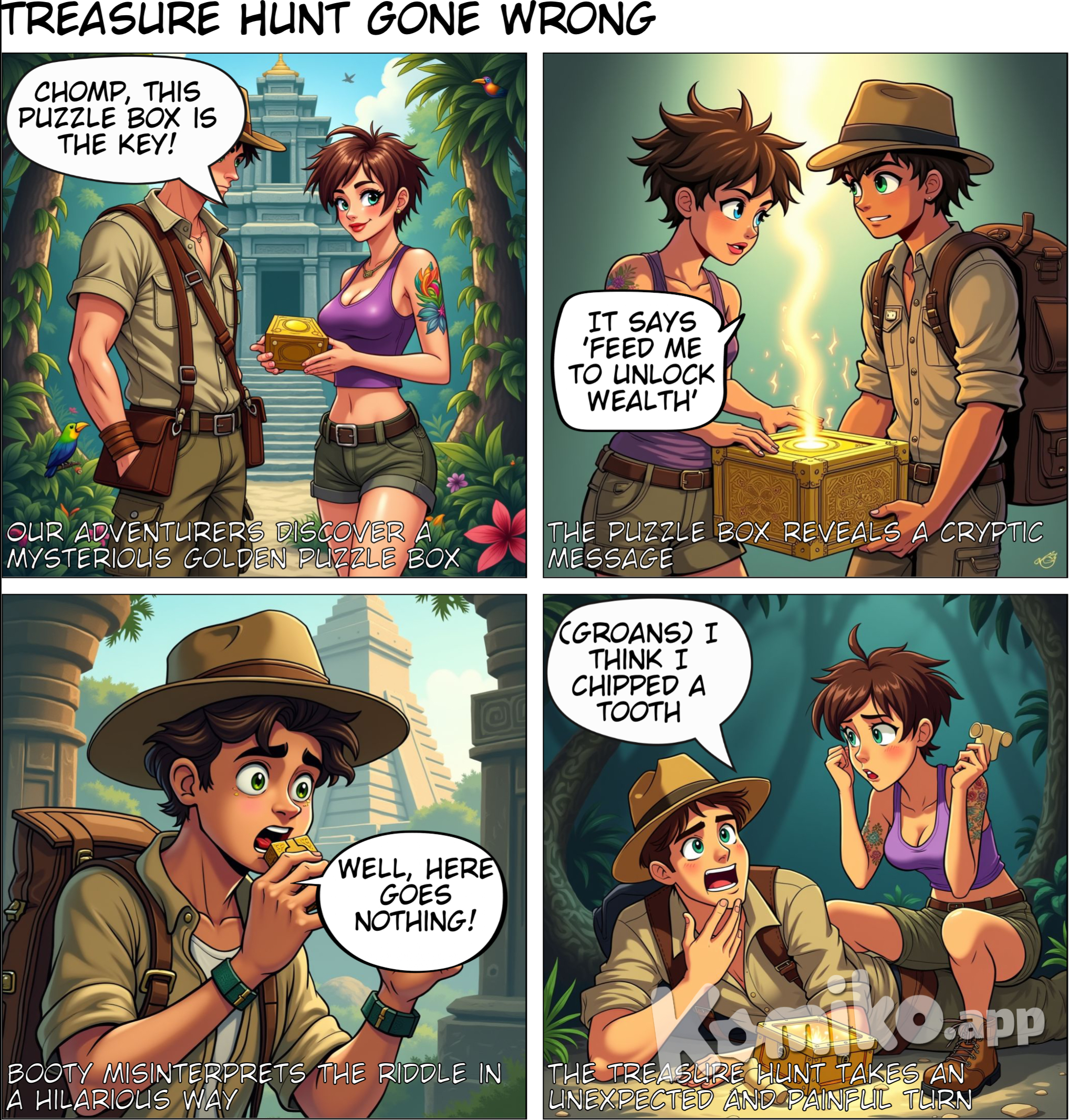 Booty is a handsome young man with wavy brown hair and Chomp is a beautiful young woman with short brown hair. They are on an adventure hunting for treasure together. The adventure involves a riddle or magical puzzle.