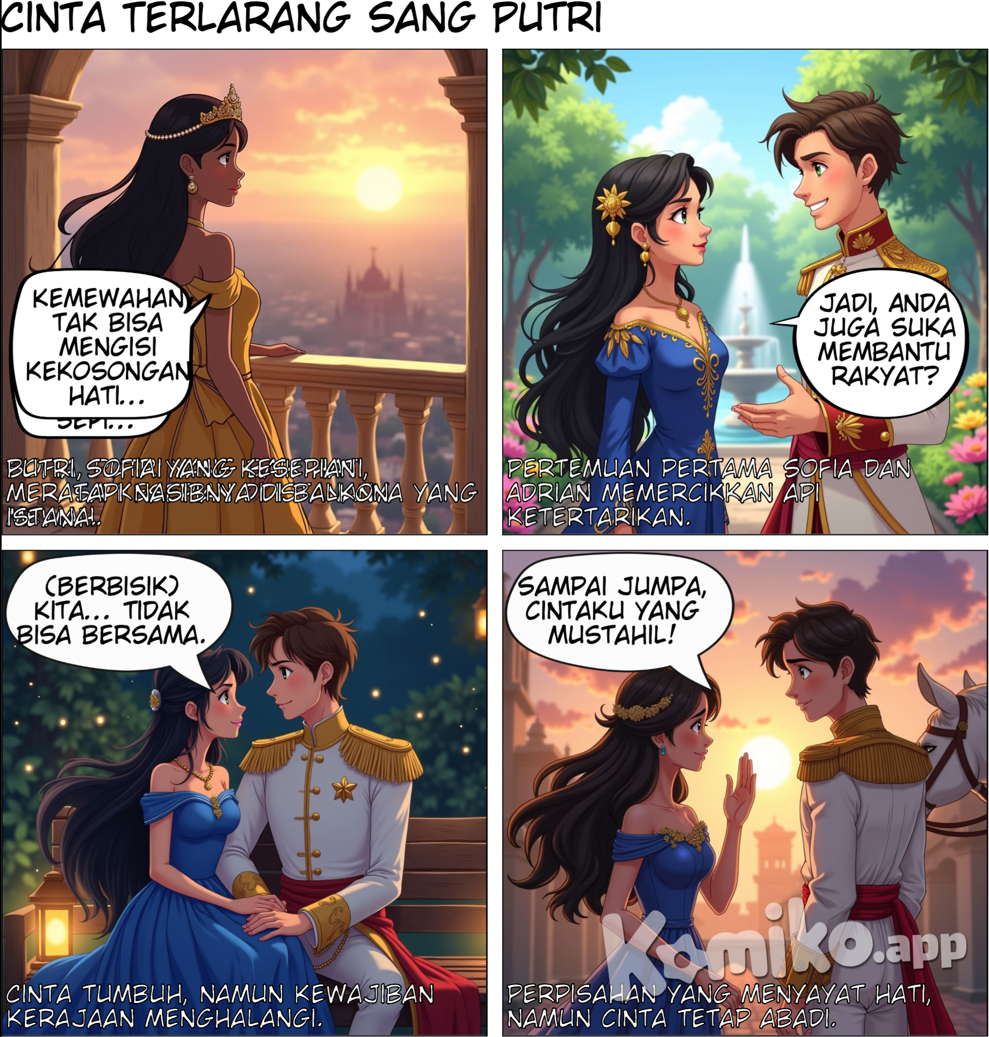 Pada suatu masa, di sebuah kerajaan yang megah, hiduplah seorang putri bernama Sofia. Sofia dikenal oleh rakyatnya karena kebaikannya dan sikap bijaknya. Ia selalu menemani rakyatnya dalam suka dan duka. Namun, meskipun hidupnya penuh kemewahan, Sofia merasa kesepian. Ayahnya, Raja Alvaro, selalu sibuk dengan urusan kerajaan, sementara ibunya, Ratu Eliza, meninggal saat ia masih kecil. Suatu hari, kerajaan itu kedatangan seorang pangeran dari negeri tetangga, Pangeran Adrian. Ia datang untuk berunding tentang perdamaian antara kedua kerajaan. Saat pertama kali bertemu, Sofia merasa ada sesuatu yang berbeda. Pangeran Adrian, yang tampan dan karismatik, tidak hanya pandai berbicara, tetapi juga memiliki kebaikan yang sama seperti dirinya. Mereka berbicara tentang banyak hal, mulai dari kehidupan di istana hingga impian mereka untuk dunia yang lebih baik. Hari demi hari, keduanya semakin akrab. Pangeran Adrian sering menemani Sofia berjalan di taman istana, berbagi cerita tentang kerajaan mereka masing-masing. Dalam perjalanan waktu, mereka mulai menyadari bahwa mereka saling mencintai. Namun, meskipun ada ikatan hati yang kuat, mereka tidak bisa mengabaikan tanggung jawab mereka sebagai pewaris kerajaan. Suatu hari, setelah negosiasi selesai, Pangeran Adrian harus kembali ke negerinya. Mereka berdiri di gerbang istana, saling memandang dengan mata penuh harapan. Pangeran Adrian memegang tangan Sofia dan berkata, "Meskipun kita berasal dari kerajaan yang berbeda, cinta kita adalah jembatan yang akan menghubungkan dua dunia." Sofia tersenyum, dan meskipun perpisahan terasa berat, mereka tahu bahwa cinta mereka akan selalu ada, menguatkan keduanya dalam menjalani tugas sebagai pemimpin di kerajaan mereka masing-masing.