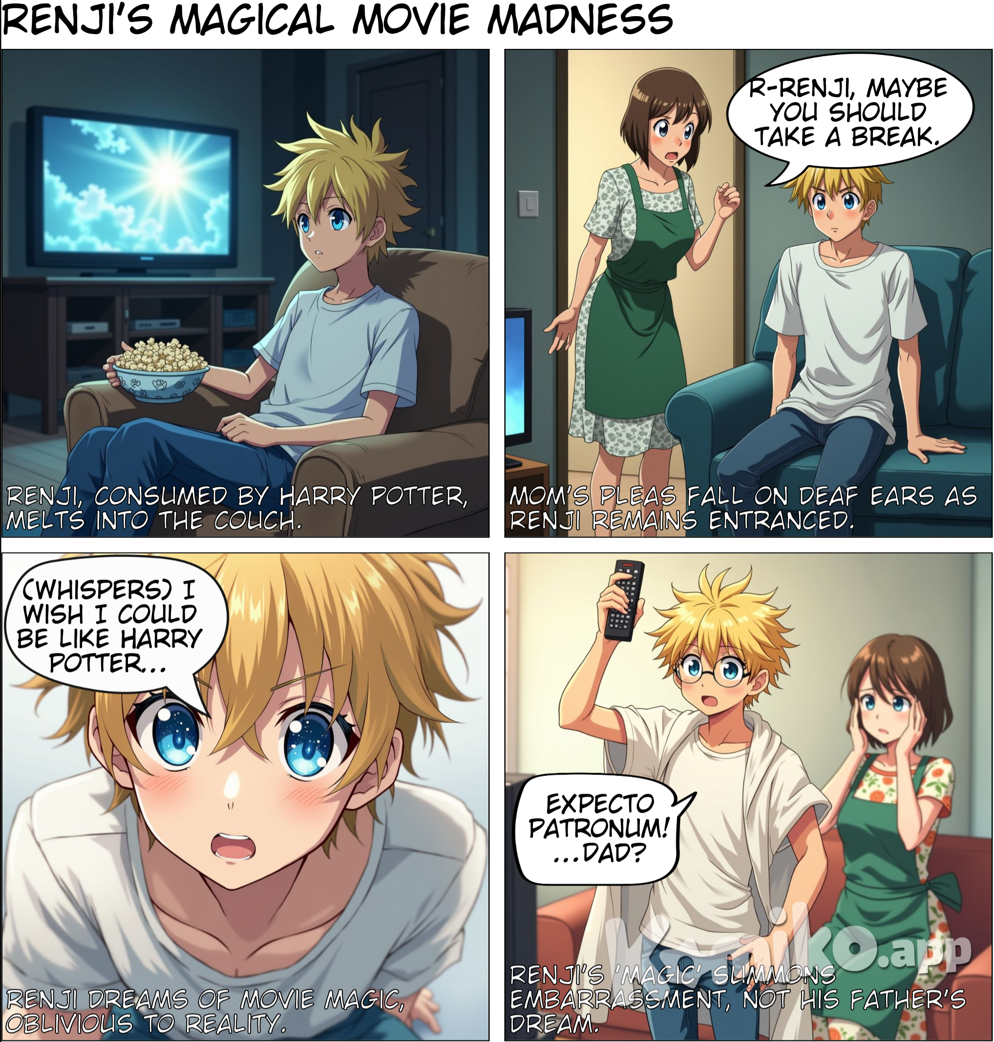 Renji Akazawa, an 18 year old imaginative boy has sunk into the couch watching the new Harry Potter movie.The last one came out and he had been watching for about an hour.  The buttery popcorn aroma fills the air, not noticing his mom urging him to take a break.¨R-renji, maybe you should take a break.¨ his mom stuttered. But itś like nothing happened, he didn't even move a limb. Renji responds to his mom with his blonde hair and blue eyes¨I wish I could become as great of an actor as Harry Potter is. Even if all of his stunts and deadly adventures are fake, they just seem so real,¨he thought to himself.¨I will try my hardest to fulfill your dream, Dad,¨ he thought.