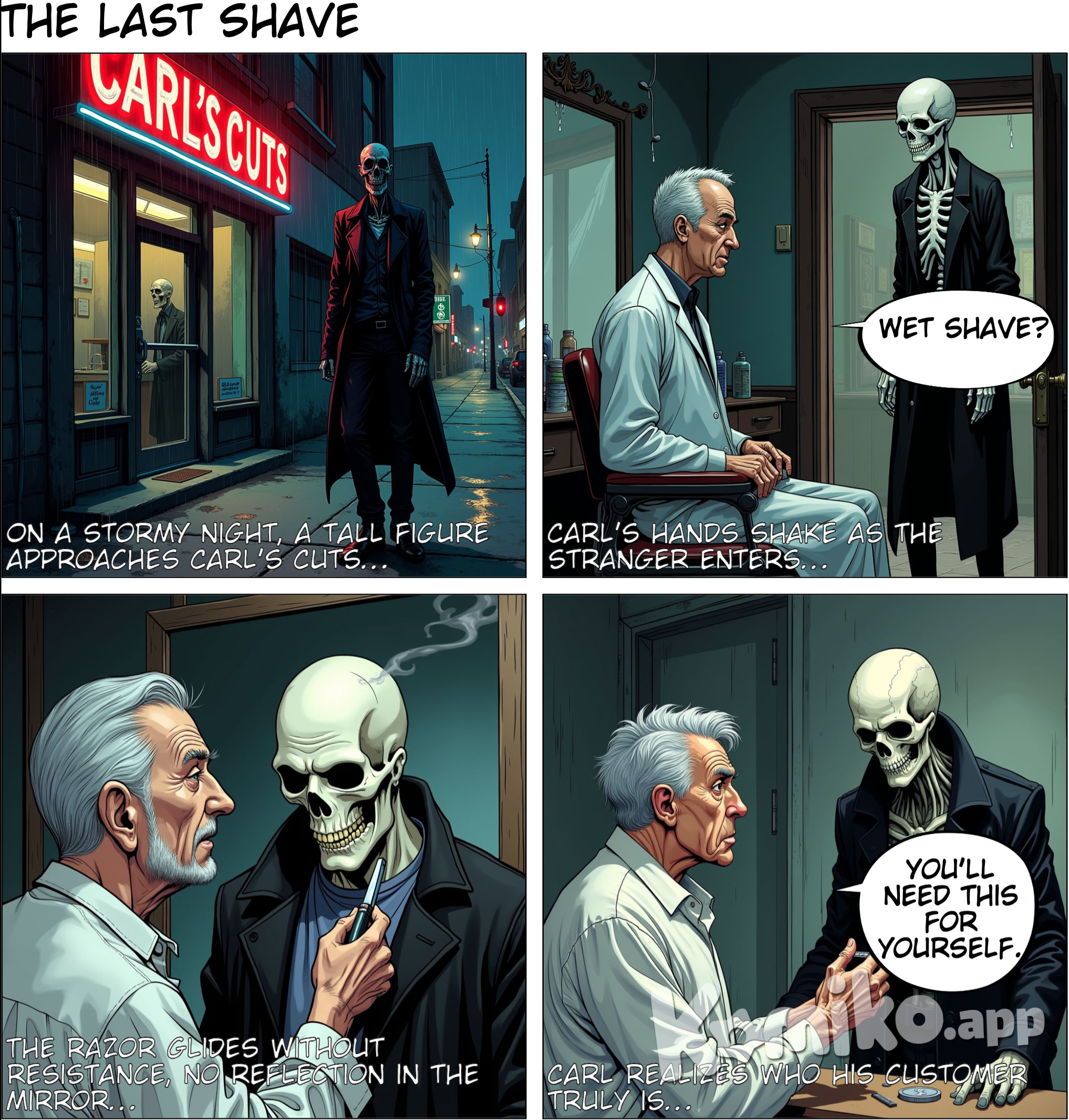 Title: "The Last Shave" Narrator's voice, low and eerie: There’s a barbershop in a small, forgotten corner of town—one of those places you walk by without a second glance, as if it had always been there and always would be. The kind of place where time seems to stop, and the clocks, if there are any, only tick in whispers. The flickering neon sign outside reads: "Carl’s Cuts." No one really knew Carl, but they all knew his shop. People said he never aged. His razors were always sharp, his blades... unforgiving. Some swore by his straight razor, the kind used in a wet shave—a hot towel, a smooth lather, the cold steel sliding against skin. A perfect cut every time, they said. But no one noticed how some men walked into Carl’s... and never came out. One stormy night, the bell over the door jingled, and in walked a tall figure. His coat was soaked, dripping onto the black-and-white tiled floor. Carl, always calm, glanced up from his chair. There was something off about this man. His face was pale, almost translucent, and his eyes... well, they weren’t quite there at all. The stranger sat down without a word, gesturing to the barber’s chair. Carl’s hands shook for the first time in years as he reached for the straight razor. “Wet shave?” Carl asked, forcing a smile. The stranger nodded, his bony hand slowly pulling away the scarf from his neck, revealing skin stretched tight—too tight. As Carl prepared the lather, the lights flickered. A chill ran through the air. He applied the hot towel, but the steam seemed to dissipate too quickly, leaving behind only coldness. Carl tried to steady his hand as he approached with the razor, but something told him this was no ordinary customer. The blade touched the man's skin, and Carl gasped. The razor didn’t shave; it sliced through the air, gliding over the skin without resistance. Not a hair fell, not a drop of blood spilled, and yet the man was perfectly clean-shaven with each pass. As Carl continued, his heart raced. He glanced at the mirror in front of him, and what he saw chilled him to the bone. There was no reflection of the man in the chair—just the chair itself, empty... but still, he shaved. Carl wanted to stop, but his hands moved on their own, tracing the hollow of the stranger’s jaw, the sharp cheekbones, until at last... the shave was done. The man stood, turning to face Carl, who could feel his heart pounding against his chest. “Thank you,” the man whispered, his voice dry and cold as winter’s breath. He reached into his coat, pulling out a silver coin and placing it on the counter. But before Carl could respond, the man’s eyes—those dark, empty sockets—met his. “You’ll need this for yourself,” the stranger said, his bony fingers tapping the razor Carl still clutched. And in that moment, Carl knew who had been sitting in his chair. The bell rang as the door opened and closed, but Carl didn’t move. He stood there, frozen, staring at the coin on the counter... until it crumbled into dust. The next morning, they found Carl. Eyes wide open, razor clutched in his hand, his face as clean-shaven as ever. But Carl wasn’t breathing. He never would again. And as for the shop? They say it’s still there, hidden in plain sight. You might even walk by it someday, but be careful. Because if you walk in... you might just get the closest shave of your life.* End. Scene where on a stormy night a tall figure walks in