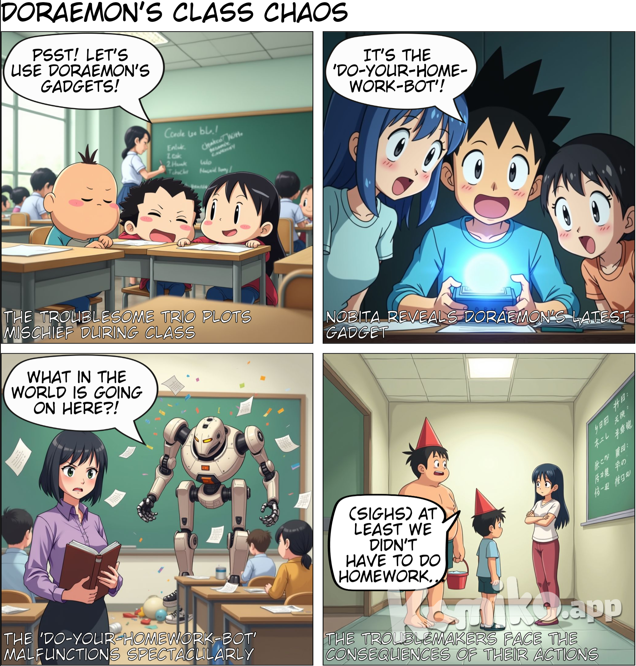 Gaint, nobita and suneo chat in class while doing 