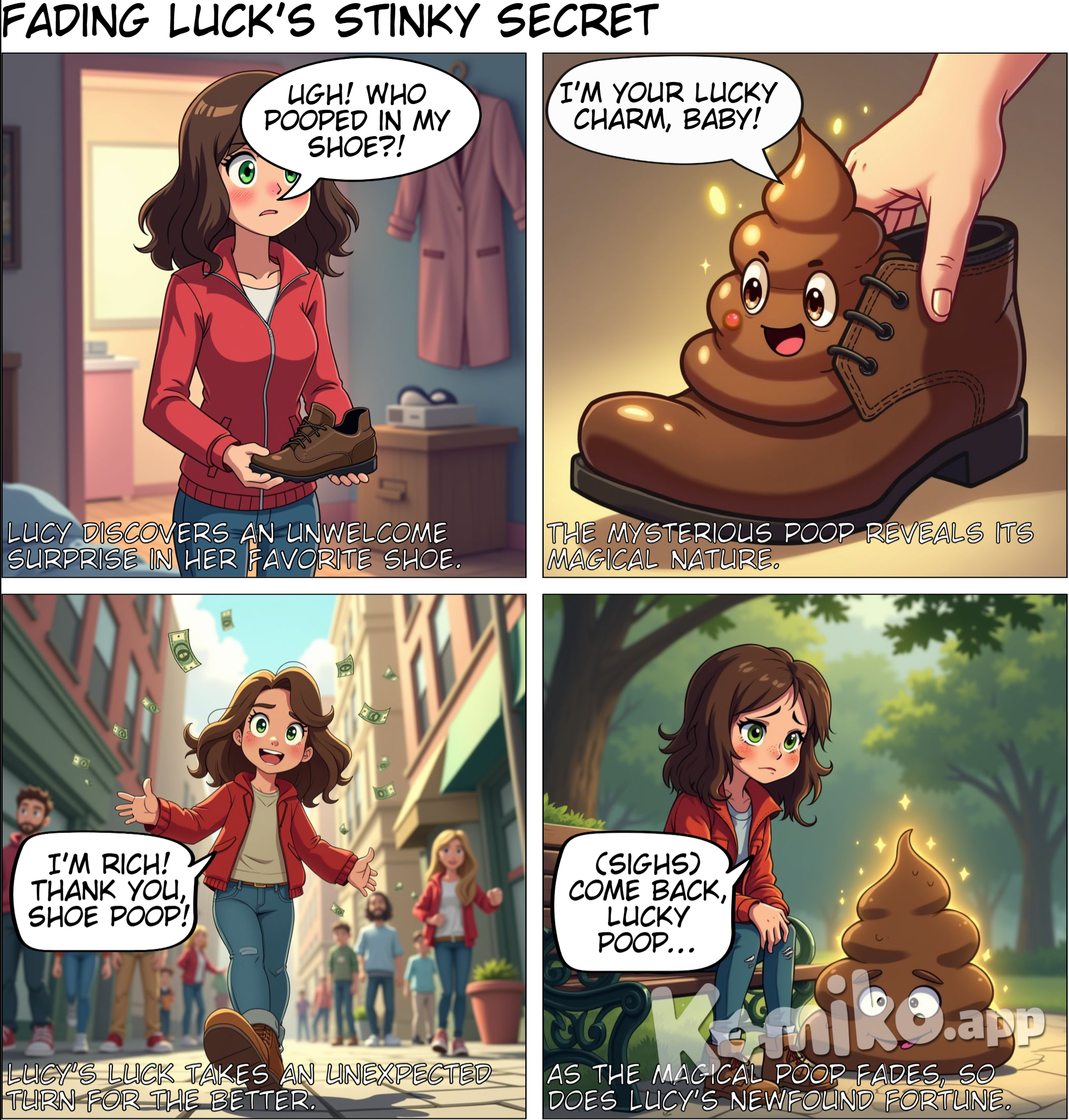 poop in shoe started fading together with luck woman with red jacket and brown hair