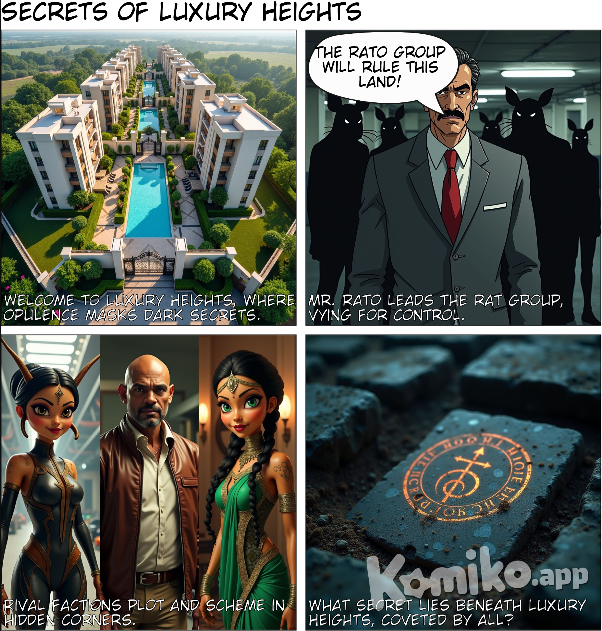 There is a indian society where there are buildings where people live in kind of a residential society. But which seems a normal high life style luxurious society. There are darker secrets for the throne of that area, there are groups and group leaders within the society. There is the rato group which is the rat group, there is the ant gang, there is cockroach gang, there is snake elite group, bed bug group. This should be the basic intro to the comic with intros of all groups and the society which will be about the throne of that area.. but why so much importance to that society and the land , yes there is a secret reason which will be known during the climax as we move ahead with the story