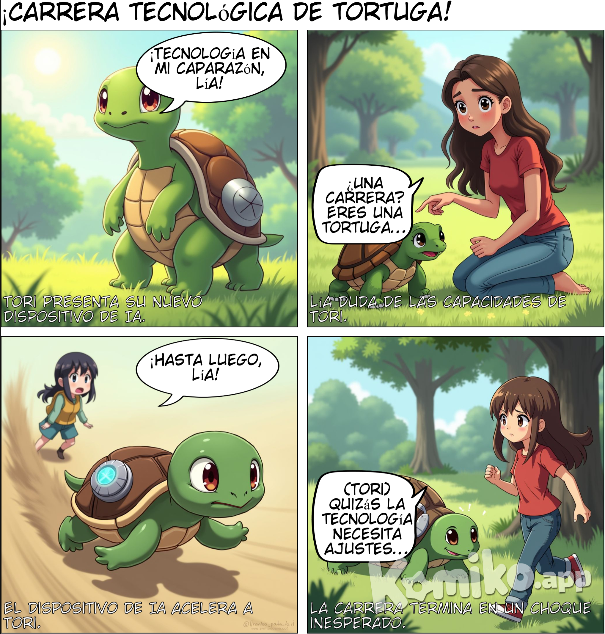 La tortuga, llamada Tori, aparece con un dispositivo de IA en su caparazón.)  Tori (la tortuga): Tal vez deberías darle una oportunidad a la tecnología, Lía. ¡Podemos hacer una carrera!
