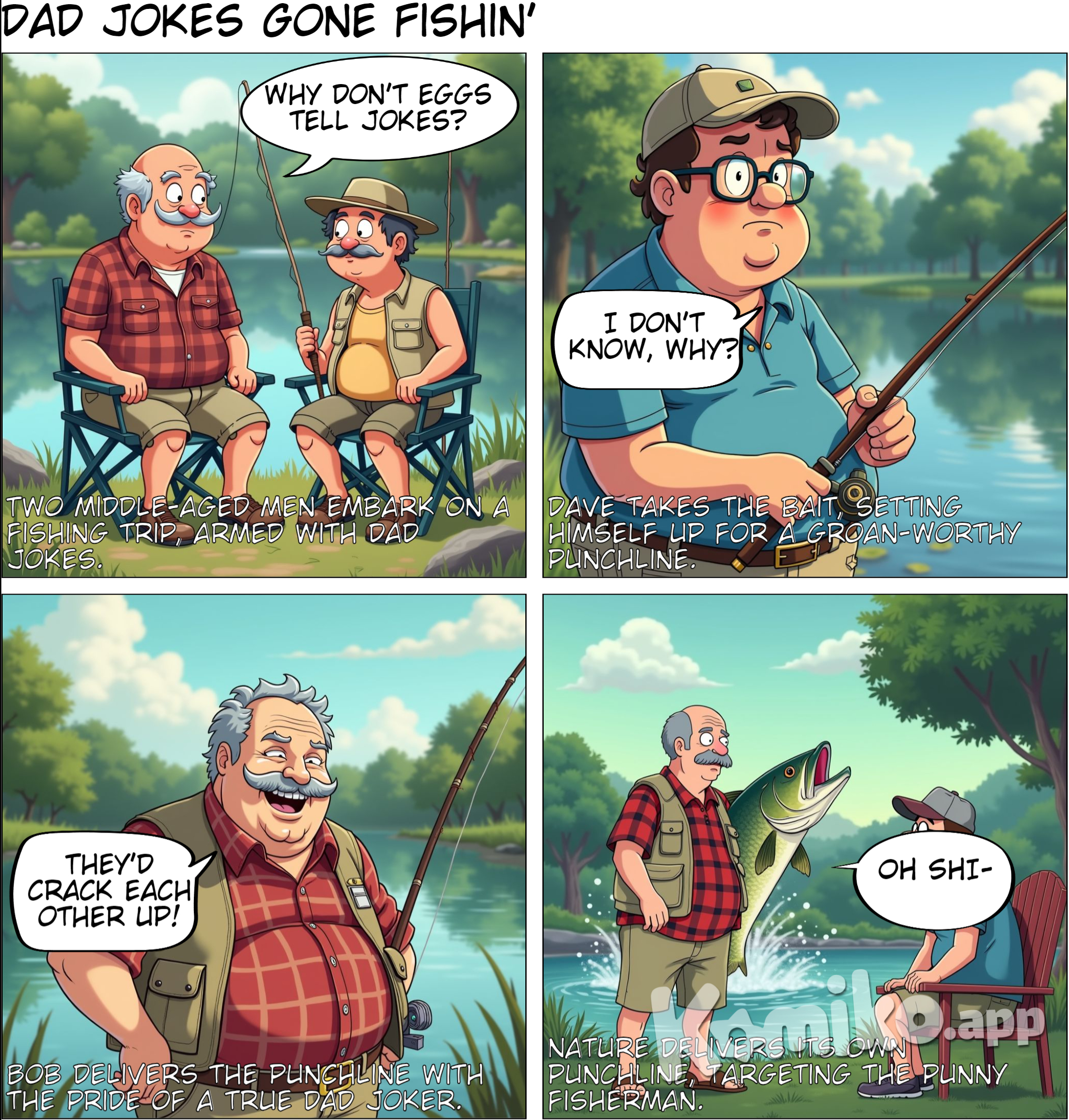 two middle age man sitting by the pond while fishing, telling dad jokes