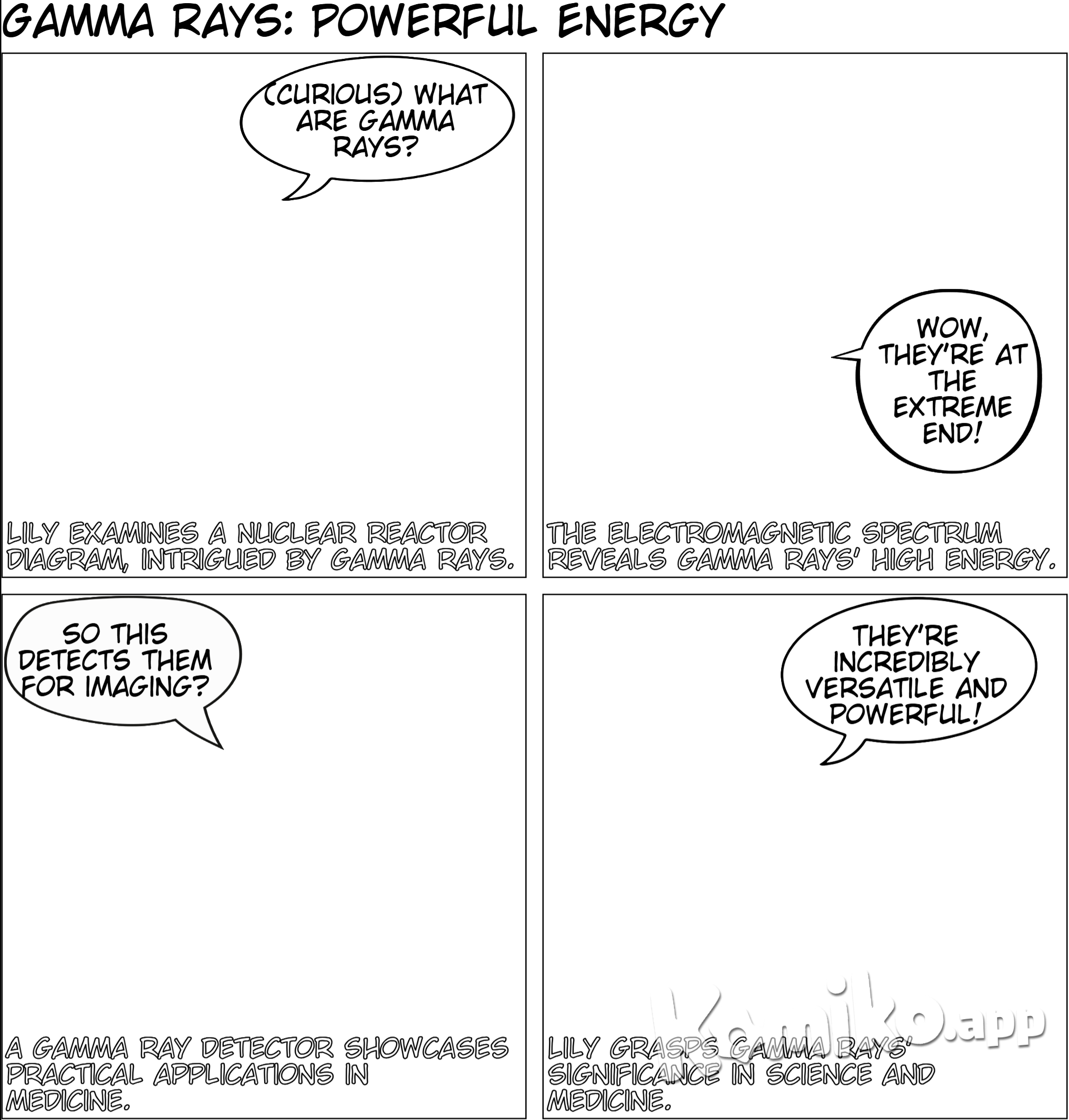 Page 7 Title: Gamma Rays: Powerful Energy Panel 1: Lily is looking at a diagram of a nuclear reactor, showing gamma rays being emitted. Lily: (Curious) What are gamma rays? Panel 2: A diagram showing the electromagnetic spectrum, highlighting the high-energy gamma rays. Panel 3: A close-up of a gamma ray detector, used in medical imaging and other applications. Panel 4: Lily understands that gamma rays, a type of electromagnetic wave, are very powerful and can be used in various scientific and medical fields.