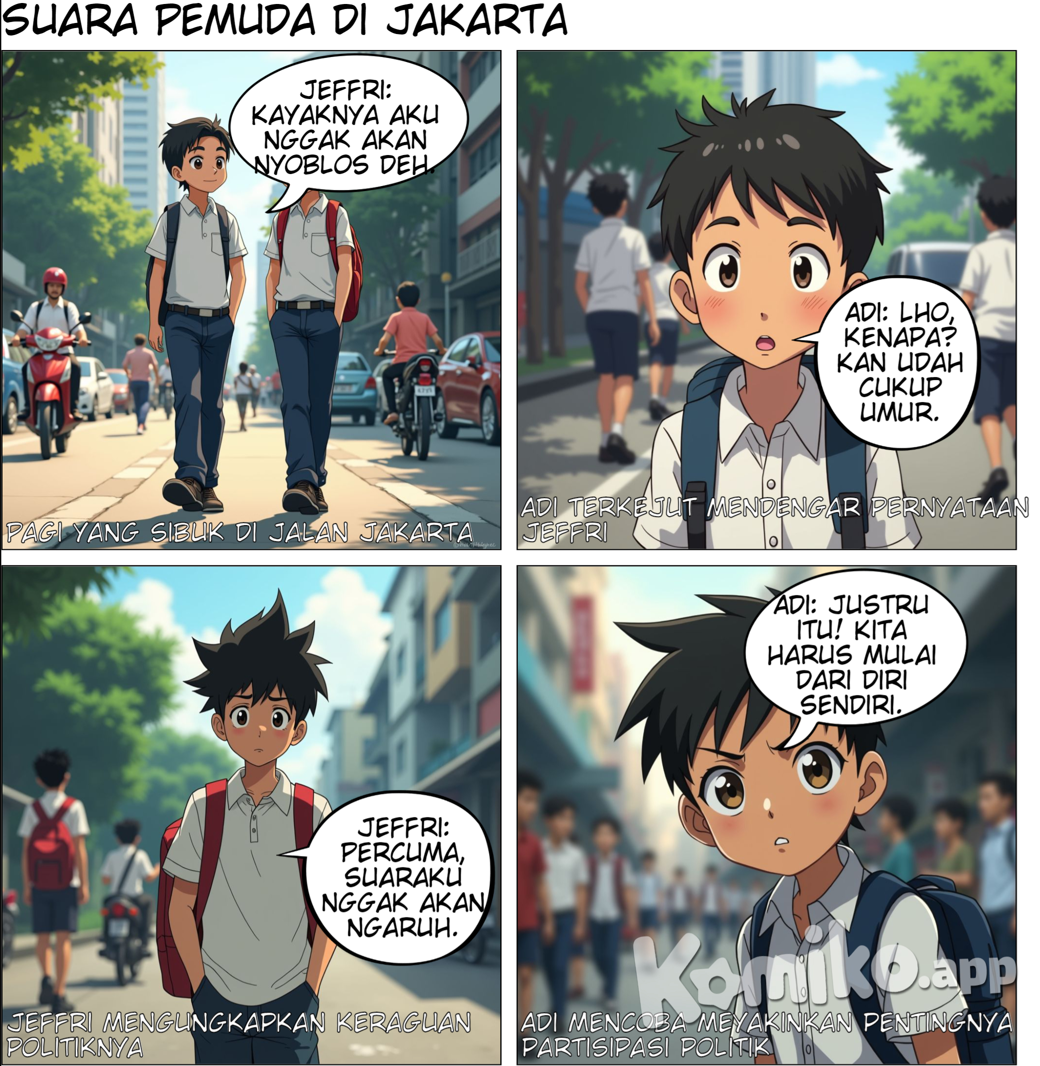 Wide shot of Adi <AdiCahyono-1qn6> and Jeffri <Jeffri-8l8u> walking side by side on a busy Jakarta sidewalk. The street is filled with cars, motorbikes, and people rushing to work. The air is filled with the sound of honking horns and the hustle of the morning crowd. Both are wearing their school uniforms, backpacks slung over their shoulders.  Jeffri (slightly hunched, hands in pockets, thoughtful expression): "I don't think I'll vote in the upcoming election, even though I'm old enough."