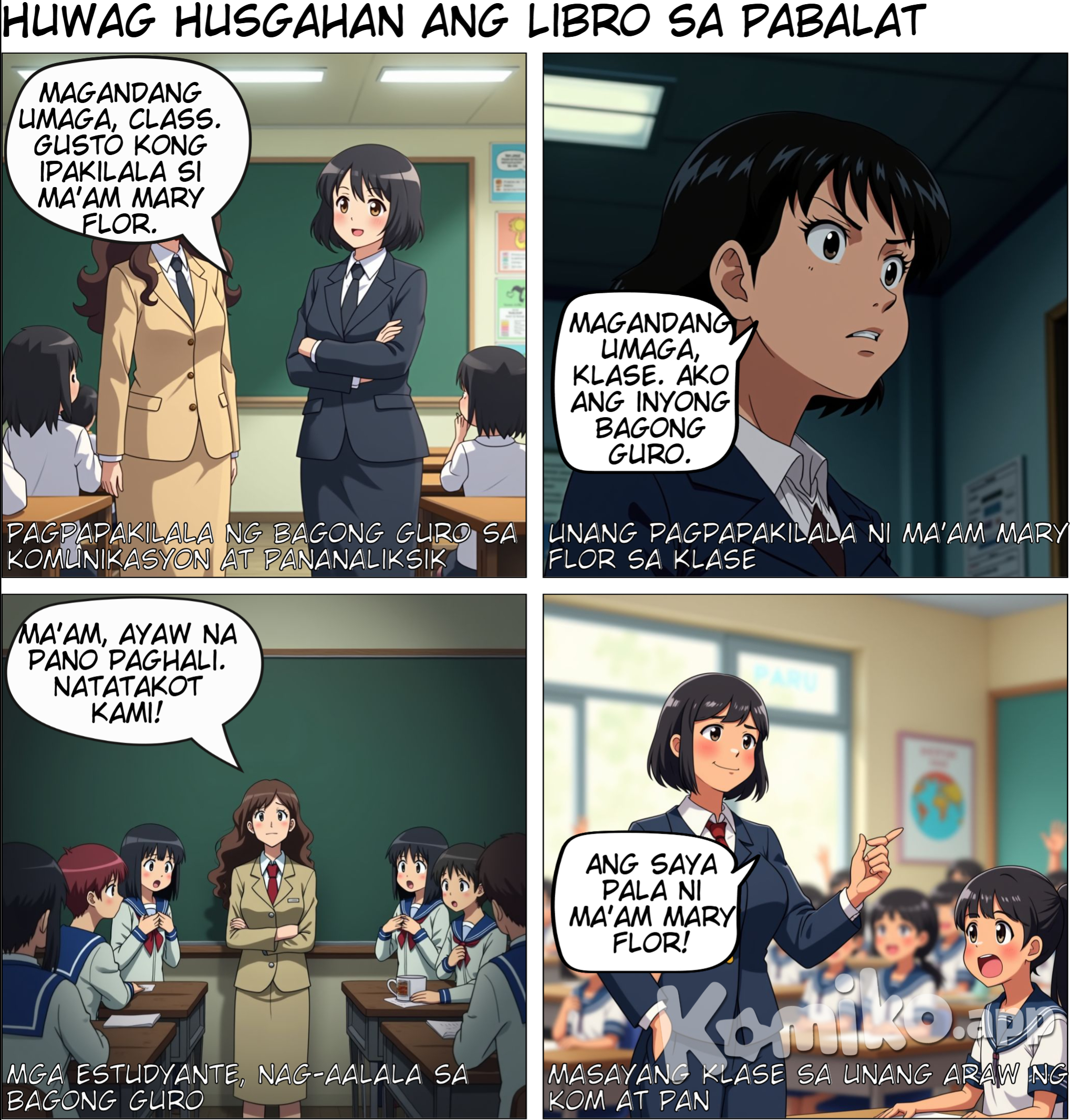  Pagpapakilala  1. Eksena: Sa harap ng room, nakatayo sila Ma’am Shai tas Ma’am Mary Flor. and then mal lagay ka ng  mga estudyante sa background na nakaupo sa kanilang mga upuan, curious ang ekspresyon ng mukha.    Ma’am Shai: "Magandang umaga, class. Gusto kong ipakilala ang inyong bagong guro sa Komunikasyon at Pananaliksik, si Ma’am Mary Flor."  Ma’am Mary Flor: (Walang sinasabi, pero medyo seryoso ang mukha, diretso ang tindig medyo chubby ang body type, may cheeks, short hair, morena.)    (sa drawing)  Ma’am Shai: Maamo at magiliw ang mukha curly hair na medj mahaba.  Ma’am Mary Flor: May parehong uniform o kasuotan kay Ma’am Shai pero mas stiff at formal ang expression medyo chubby ang body type, may cheeks, short hair, morena.   -------------------   draw ng Close-up kay Ma’am Mary Flor habang nagsasalita sa harap ng klase.     Ma’am Mary Flor: "Magandang umaga, klase. Ako ang inyong bagong guro sa Komunikasyon at Pananaliksik."    ( Drawing)  Medyo  matapang ang tingin and parang napakaistrikto ng aura. and medyo dark unti ang shadow sa background ang parabf creepy aura      ----------------------     Nasa klase, close-up sa iba’t ibang estudyante habang iniisip ang kanilang reaksyon.   (Isip ng mga estudyante):  Estudyante 1: "Oh my gosh, mukhang terror!"  Estudyante 2: "Kastrikto niya!"  Estudyante 3: "Katakot si Ma’am!"    (sa Drawing)  Iba-ibang emosyon sa mukha ng mga estudyante: shocked, worried, at may nagpapakitang takot.      ---------   Naiwan si Ma’am Shai   Umalis si Ma’am Mary Flor, naiwan si Ma’am Shai sa harap ng klase habang ang mga estudyante ay nagrereklamo.  ( dialog)  Estudyante 1: "Ma’am, ayaw na pano paghali."  Estudyante 2: "Mamimiss mi ikaw."  Estudyante 3: "Natatakot kami, Ma’am. Bagang terror teacher idto."   ( sa Drawing)  Ma’am Shai: Maamong nakangiti pero mukhang nag-aalala.  Estudyante: Sabay-sabay nagrereklamo, hawak pa ang dibdib, at may eksaheradong reaction na takot.      ---  Huwebes ng umaga   Naglalakad ang mga estudyante papunta sa silid-aralan, makikita sa background ang signage na "Kom at Pan."   ( Dialog)  Estudyante 1: "Hala, next subject na ang Kom at Pan."  Estudyante 2: (Nervous face) "Ano kayang mangyayari?"    ( sa Drawing:)  Lahat ng estudyante ay naglalakad nang mabagal, may worried expression at may pawis sa noo.      ----------------  Masaya ang Klase  Nasa loob ng silid-aralan, ang mga estudyante ay masiglang nakikinig at nakangiti. Si Ma’am Mary Flor ay nakatayo sa harap at mukhang approachable.   ( Dialog)  Estudyante: "Ang saya pala ni Ma’am Mary Flor!"    ( sa Drawing)  Si Ma’am Mary Flor: Mas relaxed ang ekspresyon, nakangiti habang nagtuturo.  Estudyante: Tuwang-tuwa, nakataas ang kamay para sumagot.