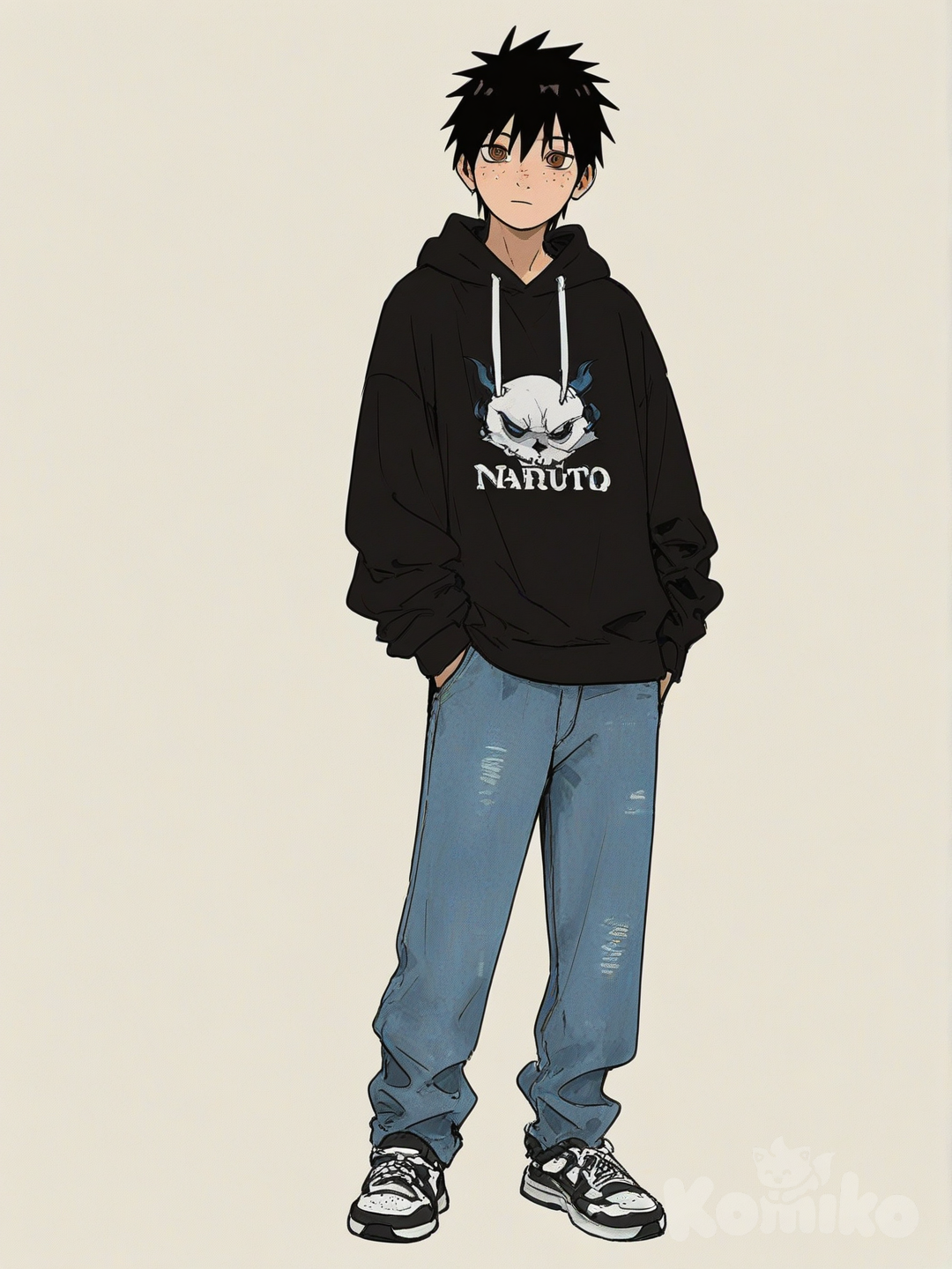 1boy, naruto_(series), mature male, slim, black hair, brown eyes, freckles, fair skin, hoodie, jeans, single character, full body, looking at viewer, anime style, simple background, white background, [sweet-painting-style]