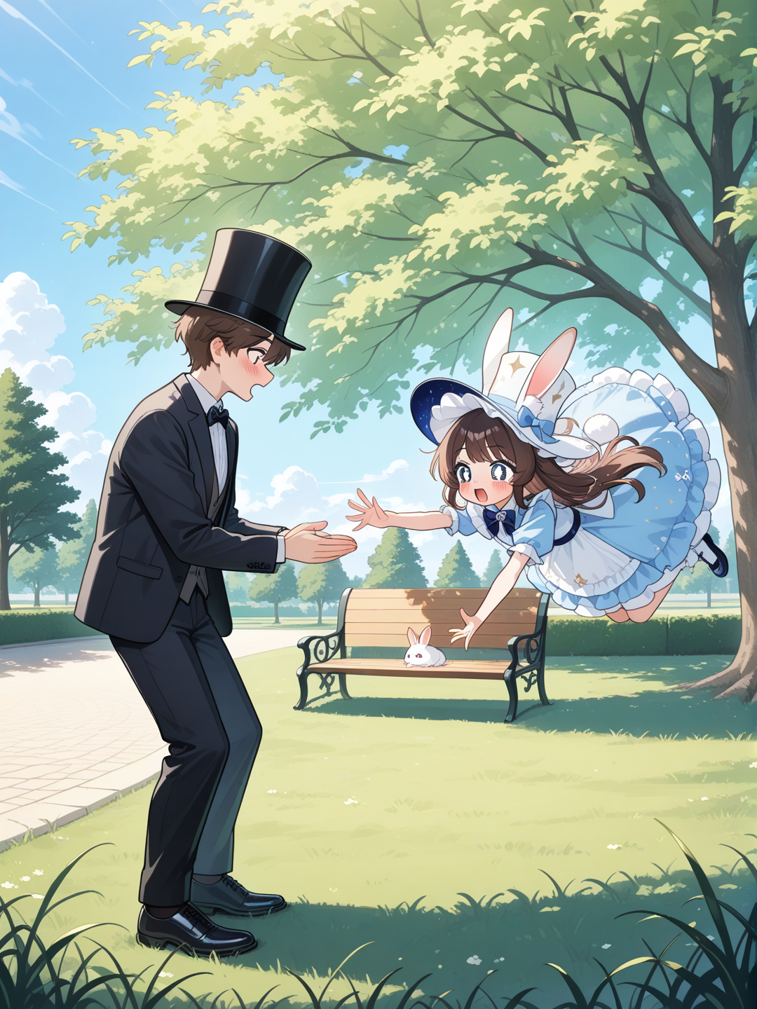 Escena en el parque, chico haciendo trucos de magia, saca un conejo del sombrero, niña lo aplaude mientras tiene una expresión impresionada , closeup, full body