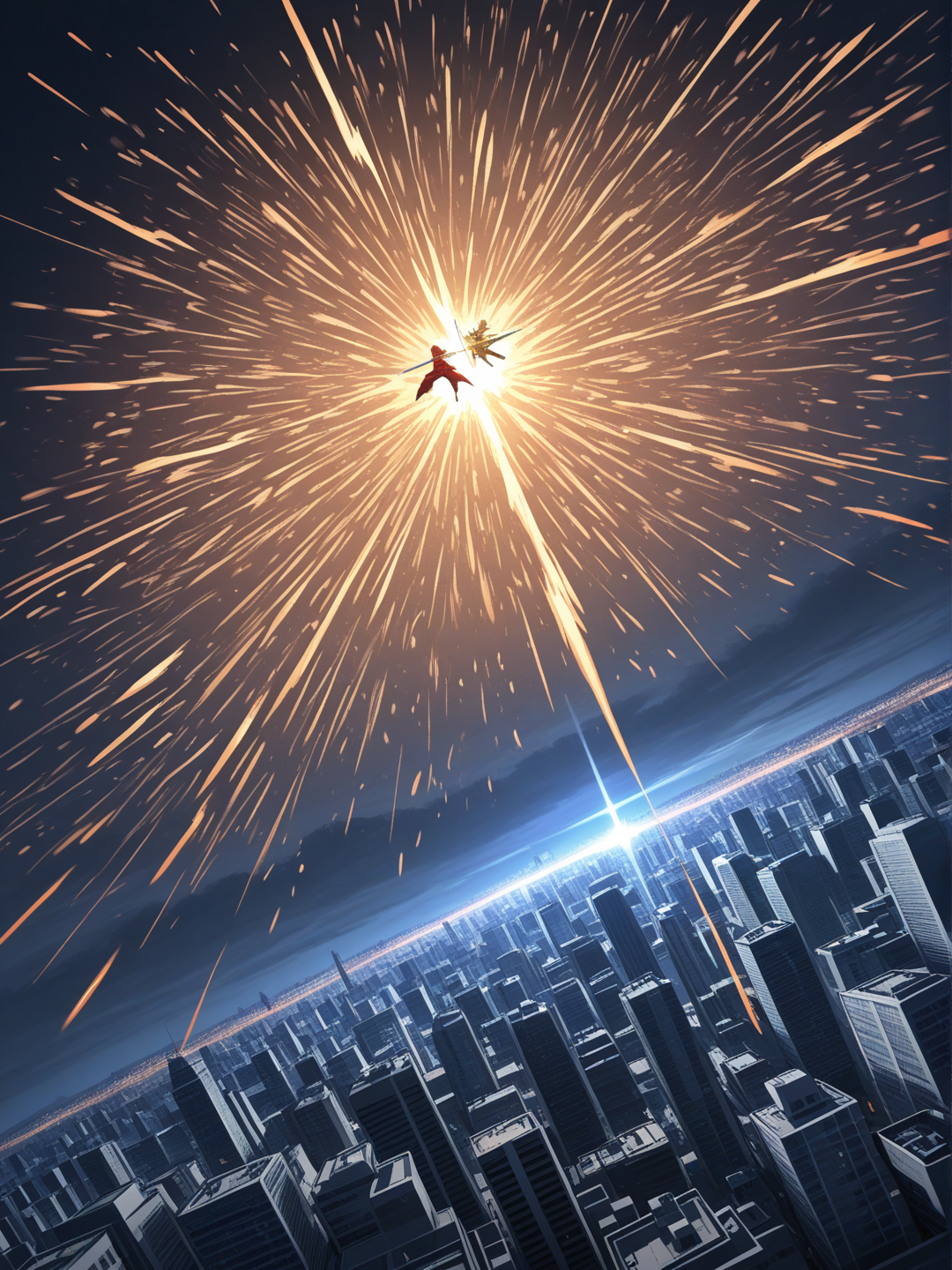 @Archer_(Fate) peleando contra, @Gilgamesh_(Fate), espadas chocando, sobre la ciudad, en el aire, closeup, full body, panoramic lens