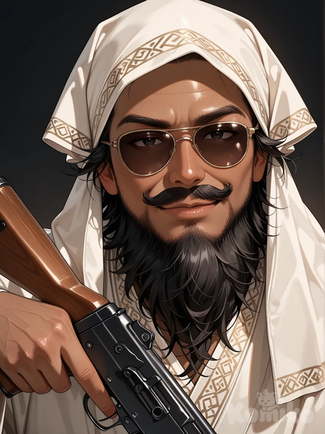 A cool Arab man with a big beard, holding a Kalashnikov assault rifle correctly, sunglasses, an Arab headscarf, a close-up portrait, photo as an reference.