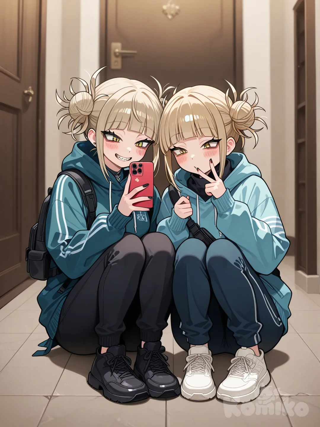 @Toga_Himiko, @Hagakure_Tooru, holding gun, selfie, looking at phone, sitting on the ground, full body, blurred background