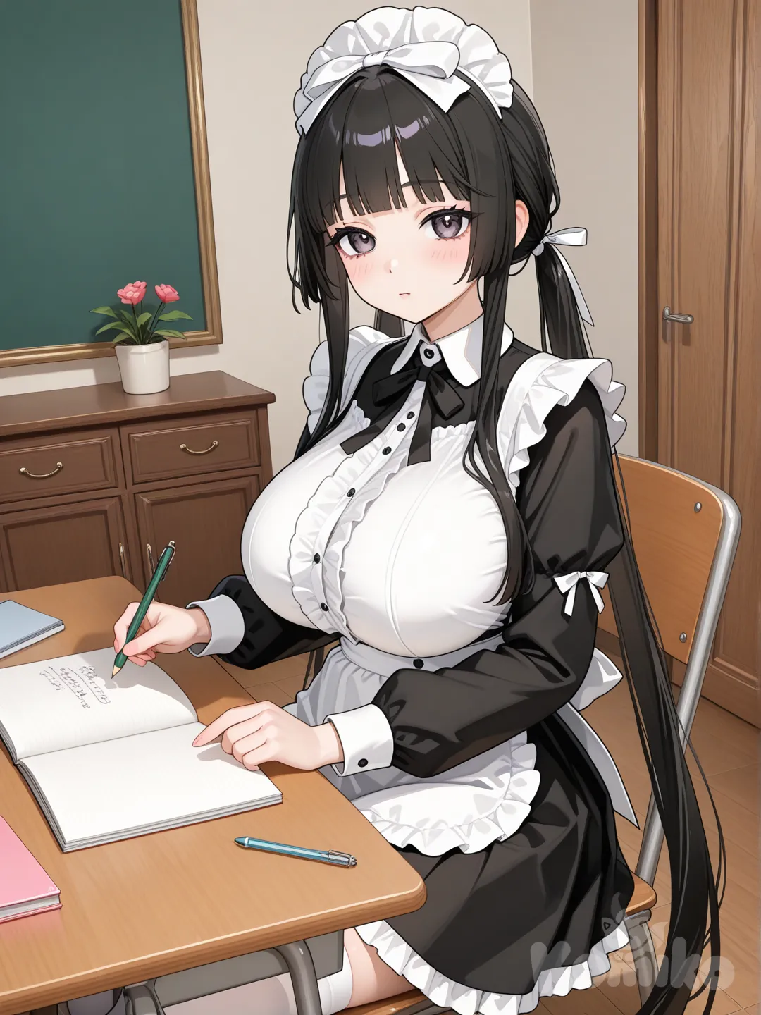 Yoshino Yorita, hair tied in two pigtails, very long, straight, smooth, black, Hentai, 3D, very smooth, very long, very long, black, maid sex, big breasts, in the bedroom, sitting on a chair at a desk, copying notes.