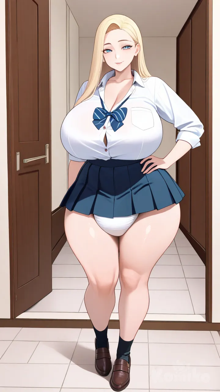 tall woman, long blonde hair, blue eyes, curvy, huge chest, wide hips, large plump thighs, button-up top and skirt, (big diaper underneath skirt:1.5), full body