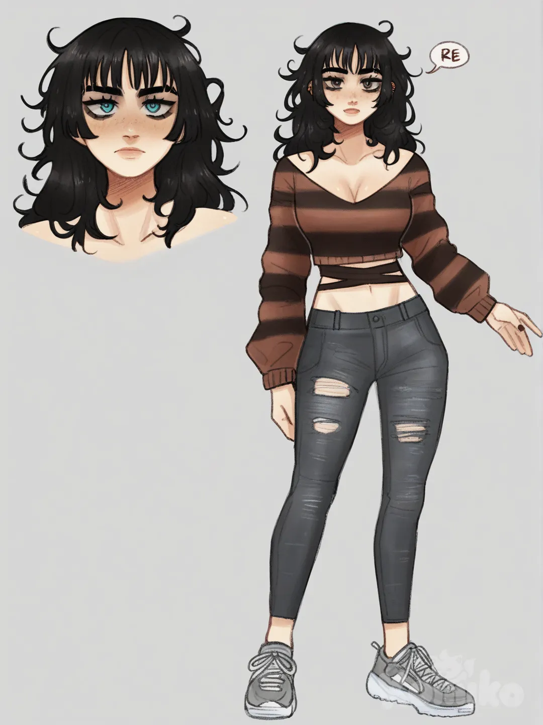 [soft-shaded-moe-style] 1girl, mature_female, fair_skin, black_hair, medium_hair, messy_hair, bangs, blue_eyes, large_breasts, cleavage, bare_midriff, low-cut_sweater, striped_sweater, black_and_white_sweater, cropped_sweater, low-waist_jeans, black_jeans, sneakers, grey_sneakers, curvy, single character, full body, looking at viewer, anime style, simple background, white background