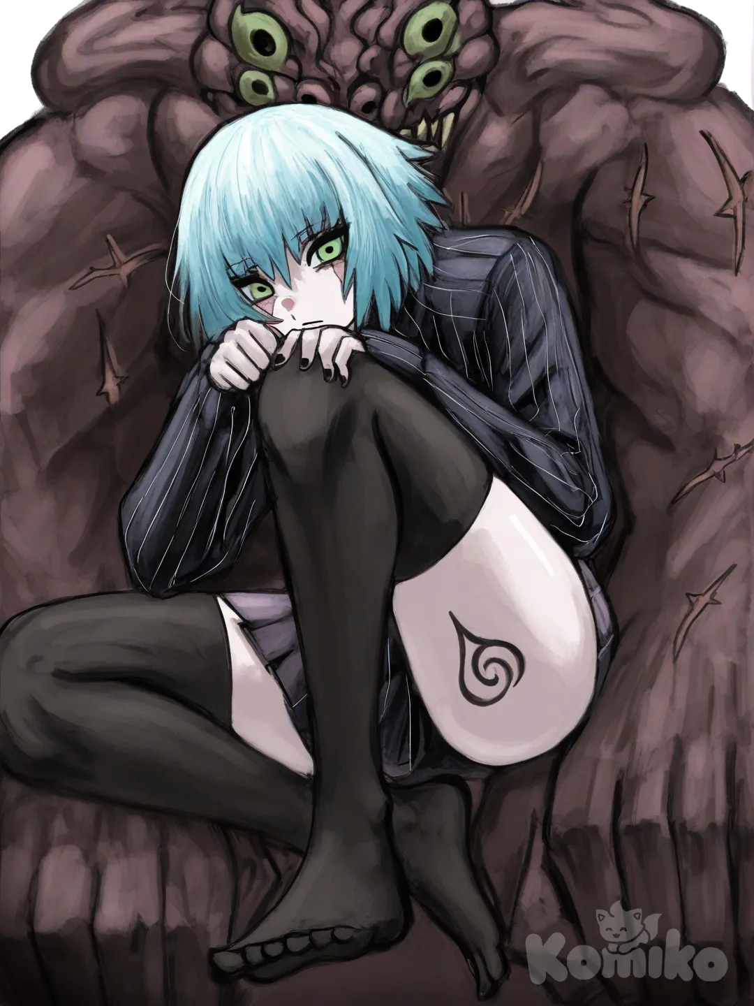 [sketchy-painterly-style] 1girl, naruto style, demon, teen, short, petite, blue hair, short hair, green eyes, scar, pale skin, knee-high socks, single character, full body, looking at viewer, simple background, white background