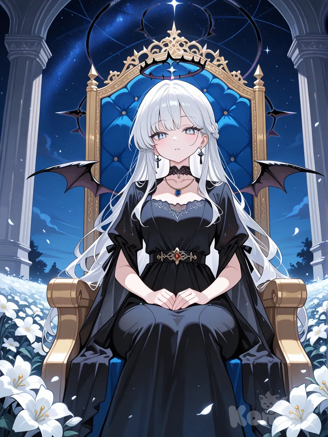 dark halo, white flower, 1girl, crown, throne, black dress, jewelry, night, starry sky