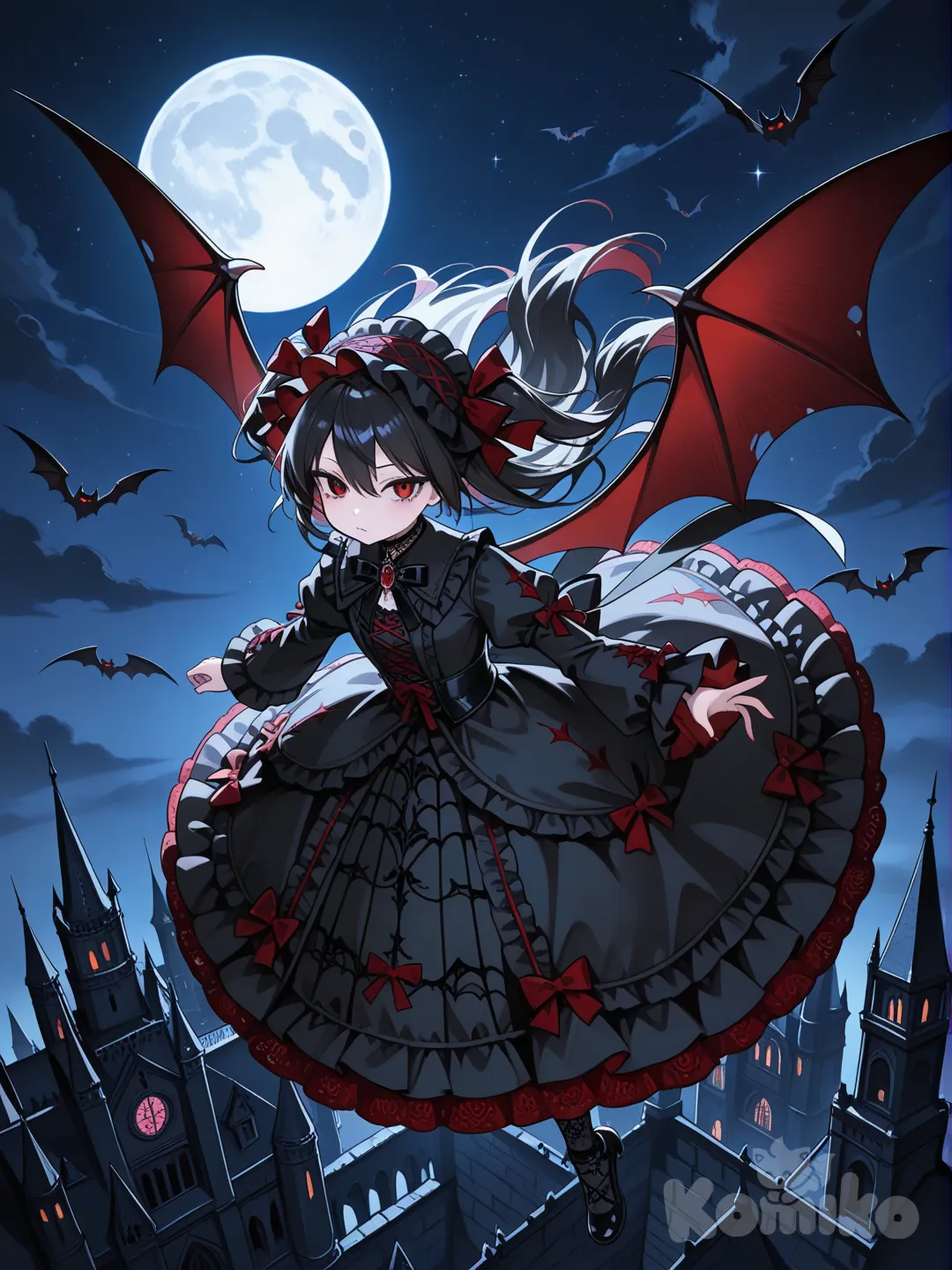 Female vampirflying in front of castle at night wearing a black lolita dress with red lace
